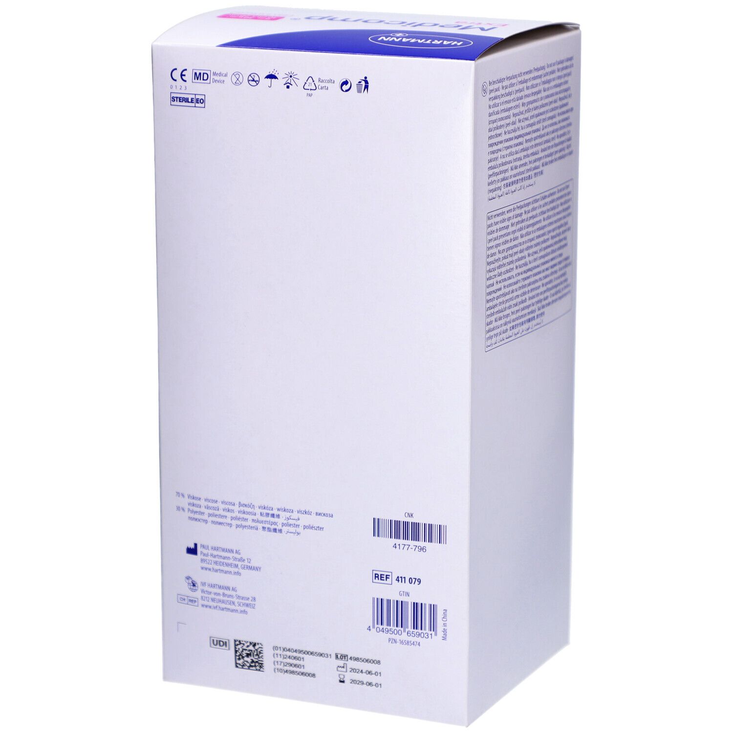 Rückseite der Medicomp Extra Verpackung. Logos, Barcode und Produktinformationen. Marke HARTMANN. Weiß.