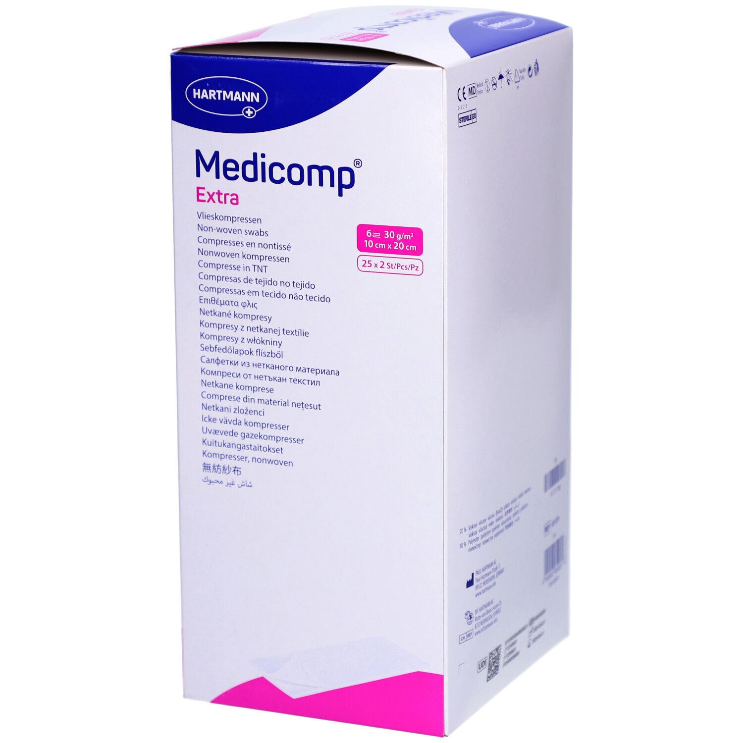 Verpackung von Medicomp Extra Vliesstoffkompressen. 6-fach, 10 x 20 cm. Marke HARTMANN. Rosa und weißes Design.