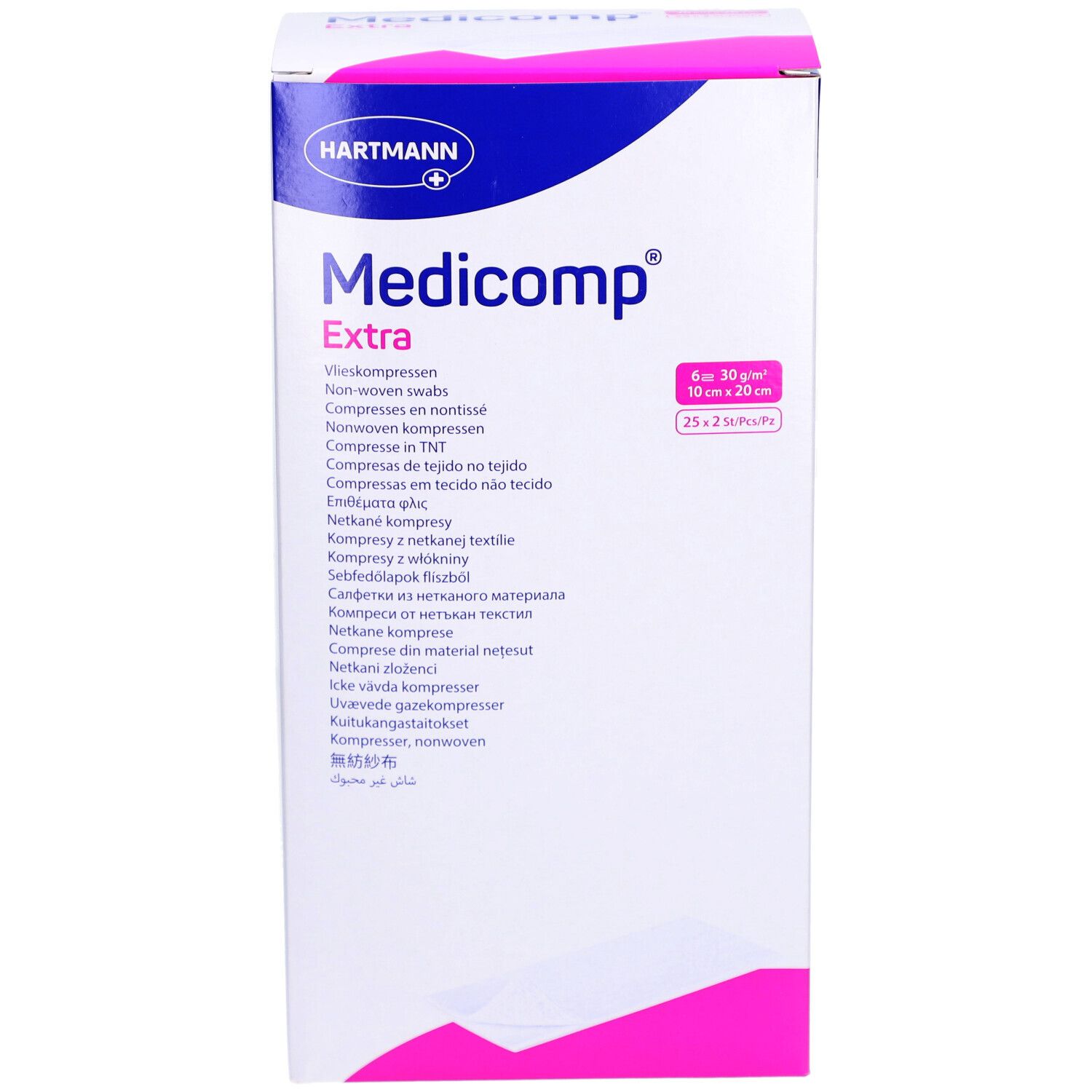 Verpackung von Medicomp Extra Vliesstoffkompressen. 6-fach, 10 x 20 cm. Marke HARTMANN. Rosa und weißes Design.
