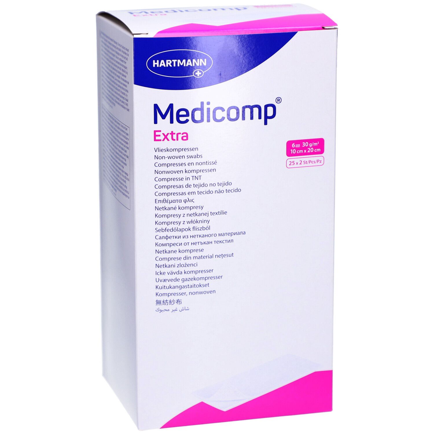 Verpackung von Medicomp Extra Vliesstoffkompressen. 6-fach, 10 x 20 cm. Marke HARTMANN. Rosa und weißes Design.