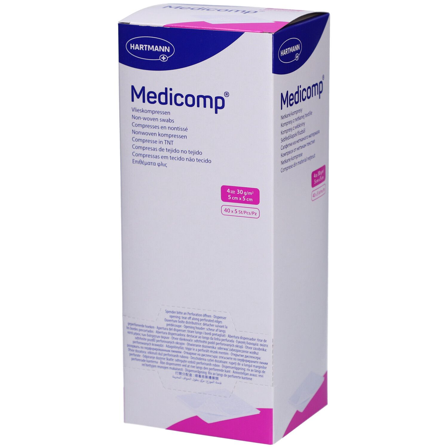 Boîte de compresses Medicomp. 4 x 30 g/m², 5 cm x 5 cm. 40 x 5 pièces. Marque HARTMANN. Boîte blanche et bleue.