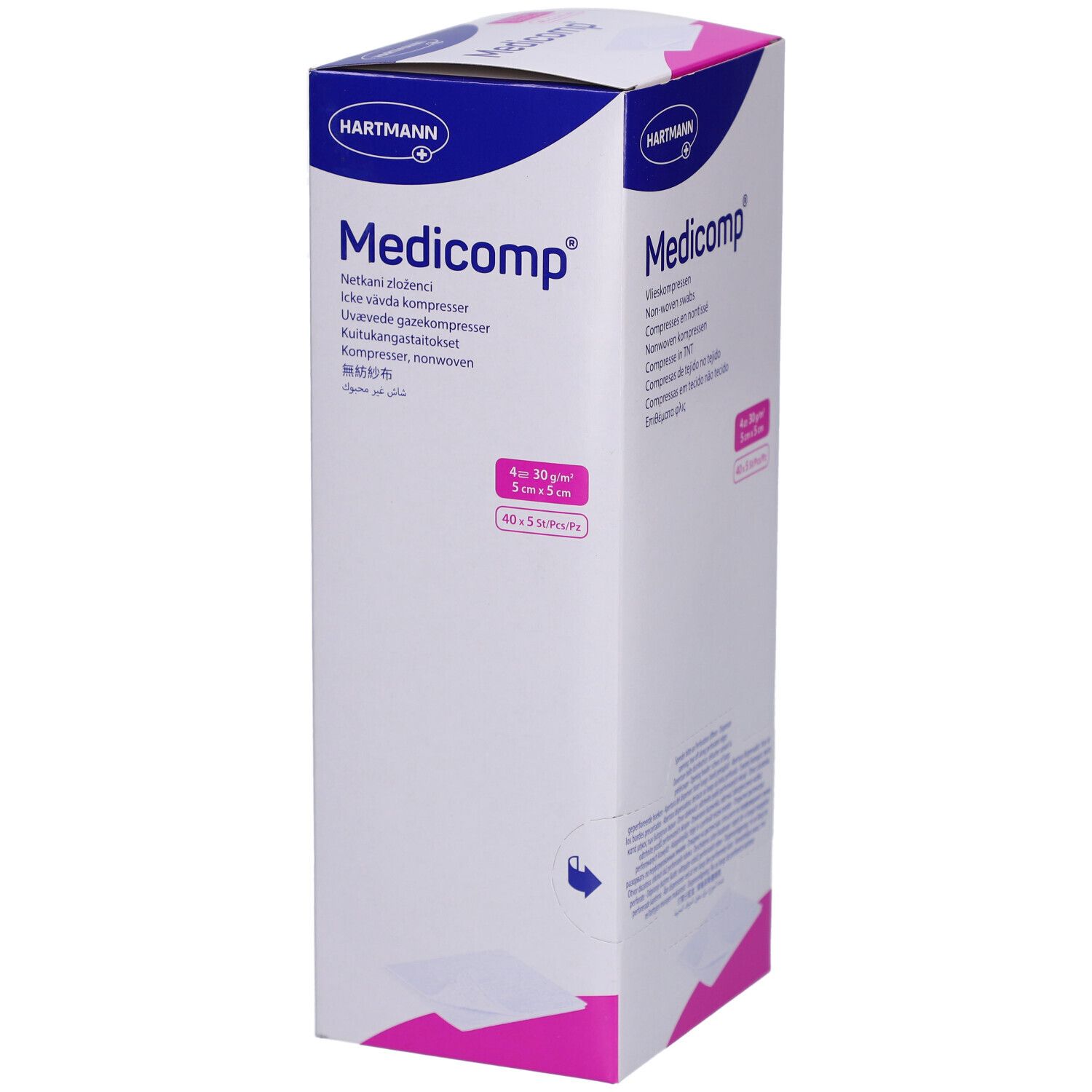 Boîte de compresses Medicomp. 4 x 30 g/m², 5 cm x 5 cm. 40 x 5 pièces. Marque HARTMANN. Boîte blanche et bleue.