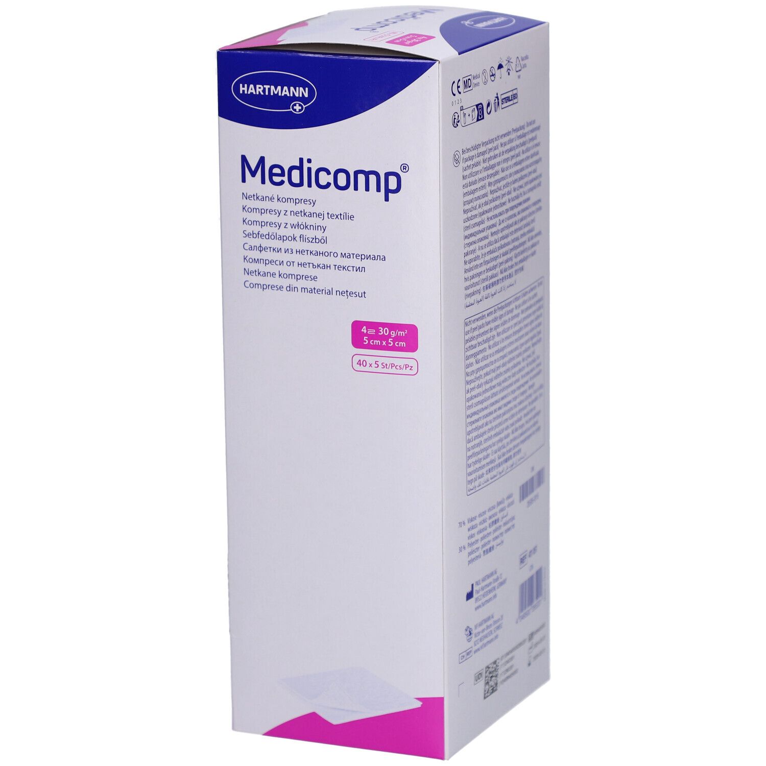 Boîte de compresses Medicomp. 4 x 30 g/m², 5 cm x 5 cm. 40 x 5 pièces. Marque HARTMANN. Boîte blanche et bleue.