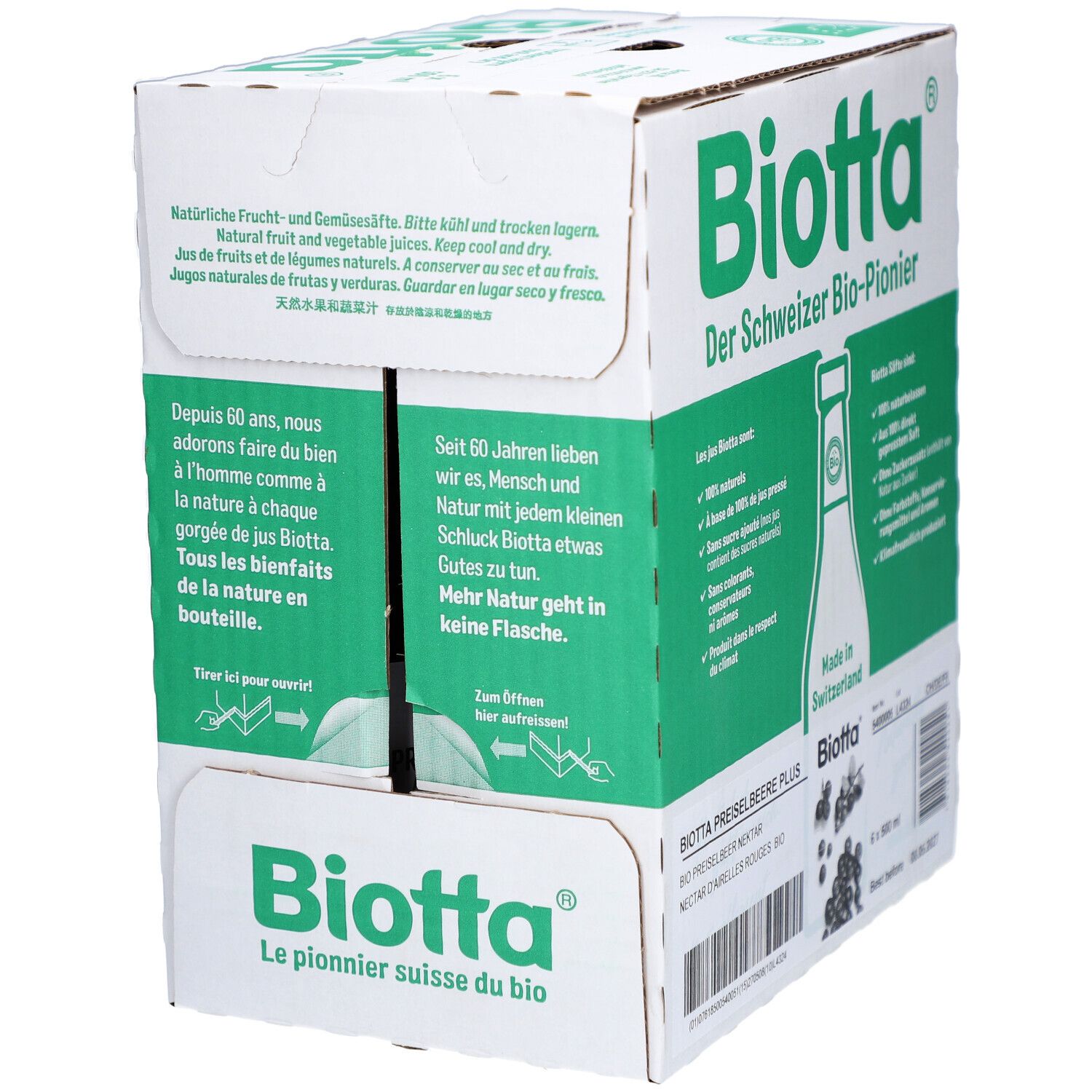 Carton de produits BIOTTA. Emballage vert et blanc avec texte et logo. Contient plusieurs bouteilles.