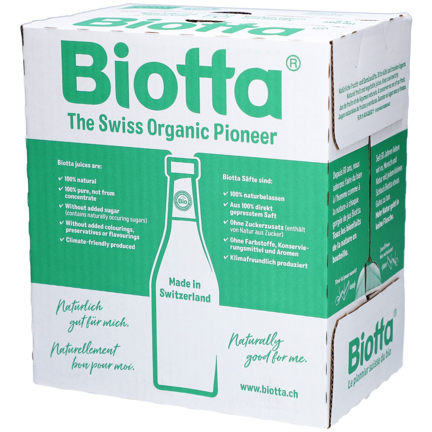 Carton de produits BIOTTA. Emballage vert et blanc avec texte et logo. Contient plusieurs bouteilles.