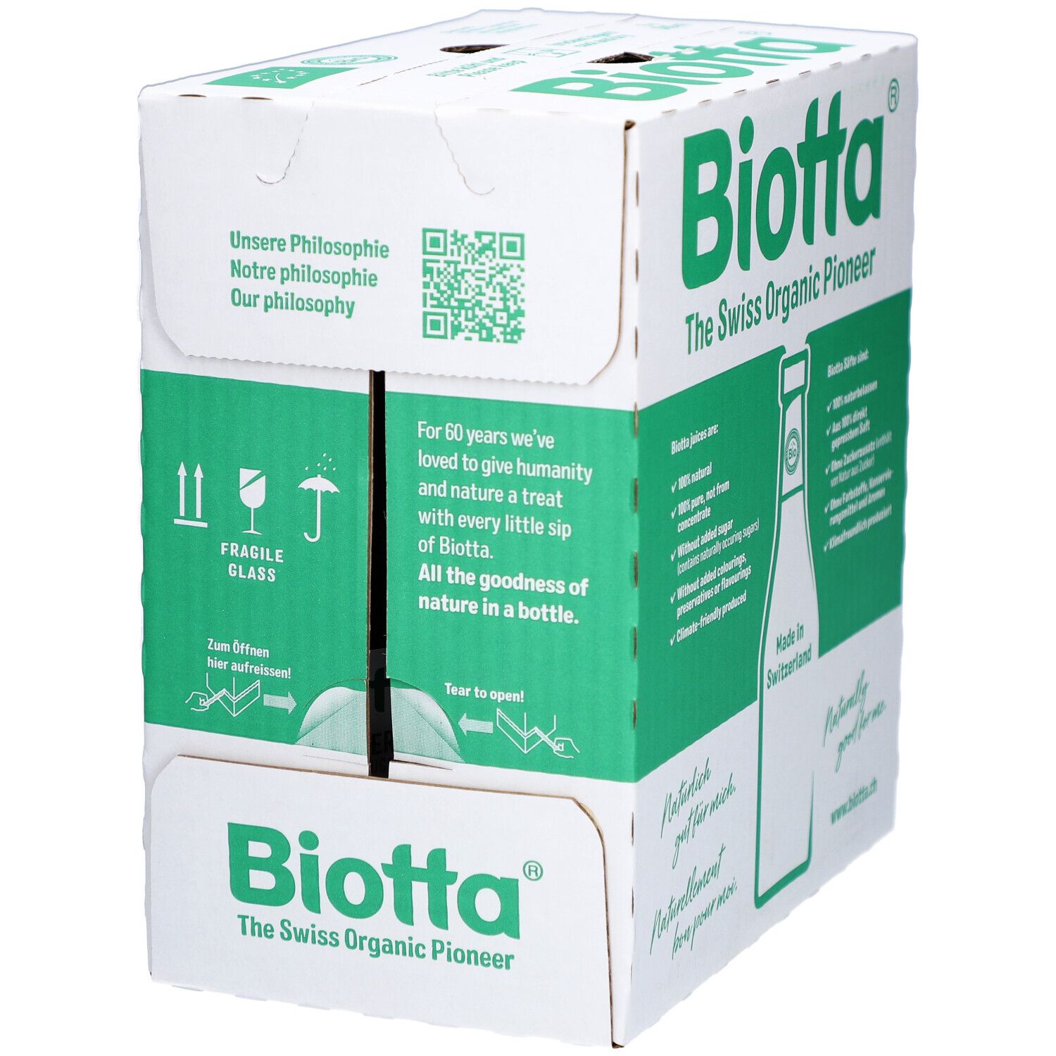 Carton de produits BIOTTA. Emballage vert et blanc avec texte et logo. Contient plusieurs bouteilles.