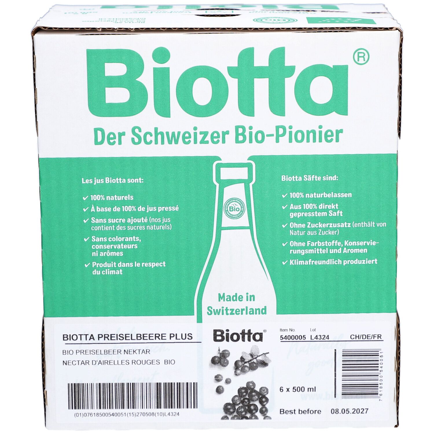 Carton de BIOTTA Preiselbeere Plus. 6 bouteilles, 500ml. Emballage vert et blanc avec informations et logo.