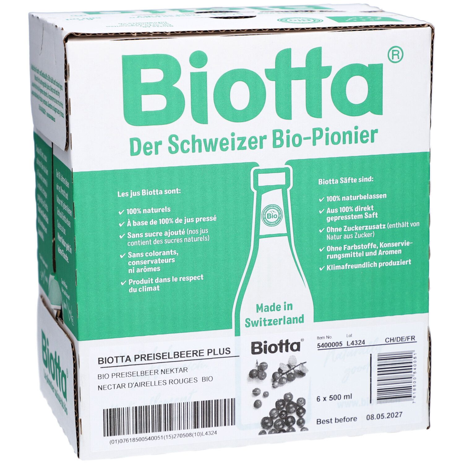 Carton de BIOTTA Preiselbeere Plus. 6 bouteilles, 500ml. Emballage vert et blanc avec informations et logo.