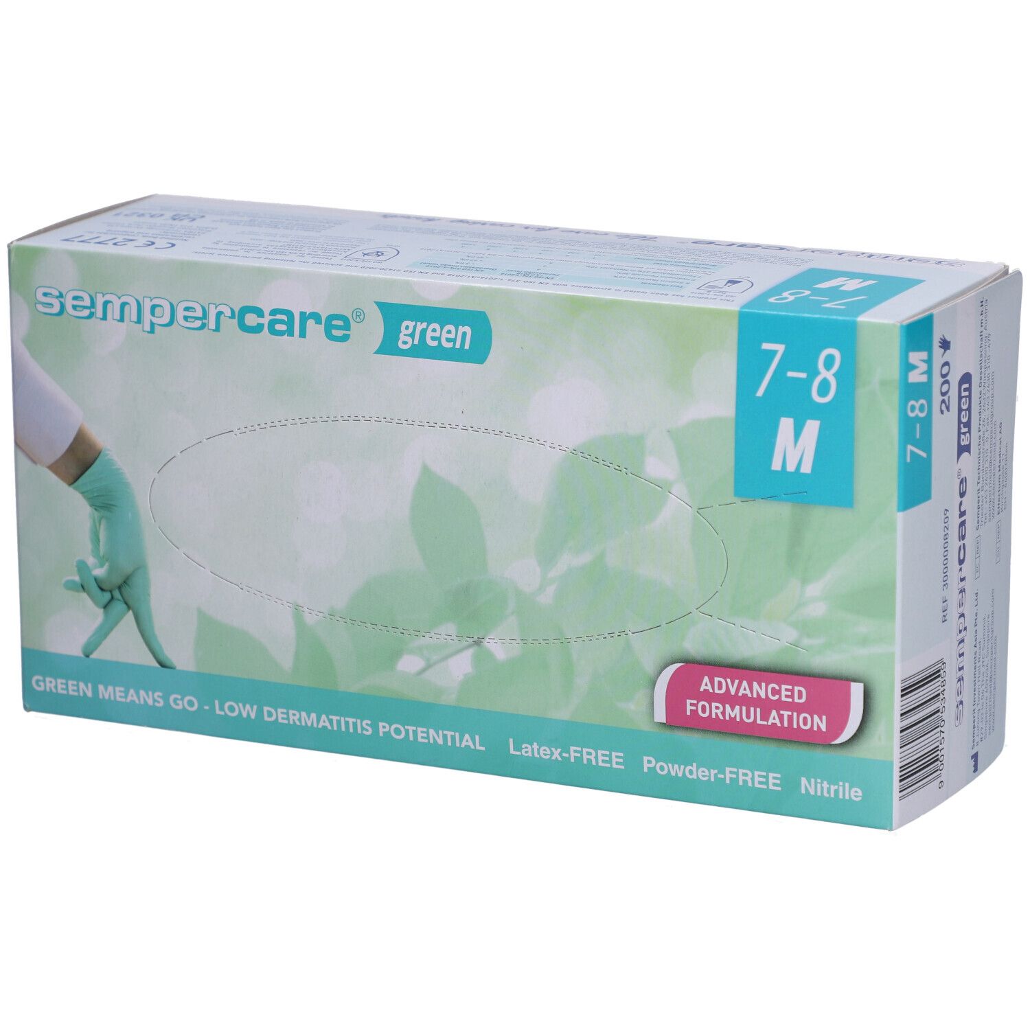 Boîte de gants en nitrile Sempercare Green Eco, taille M (7-8). Sans latex ni poudre. Vert.