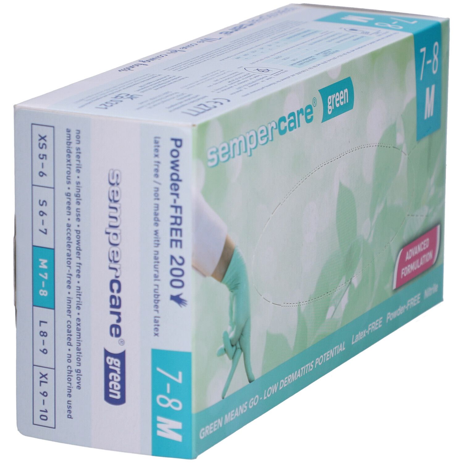 Boîte de gants en nitrile Sempercare Green Eco, taille M (7-8). Sans latex ni poudre. Gants verts.