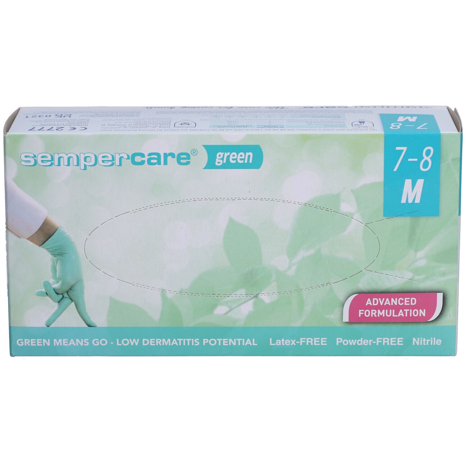 Boîte de gants en nitrile Sempercare Green Eco, taille M (7-8). Sans latex ni poudre. Gants verts.