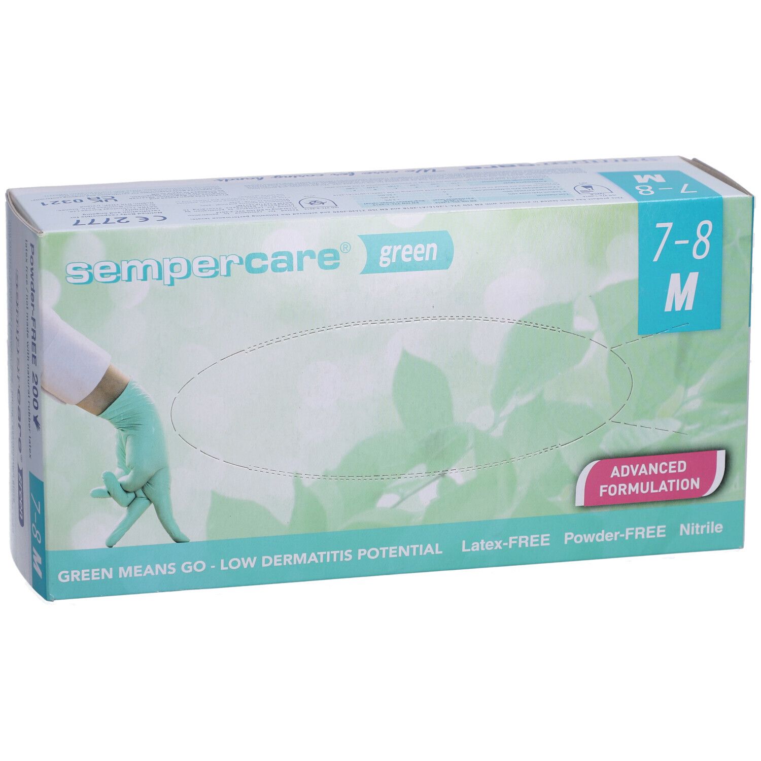 Boîte de gants en nitrile Sempercare Green Eco, taille M (7-8). Sans latex ni poudre. Gants verts.