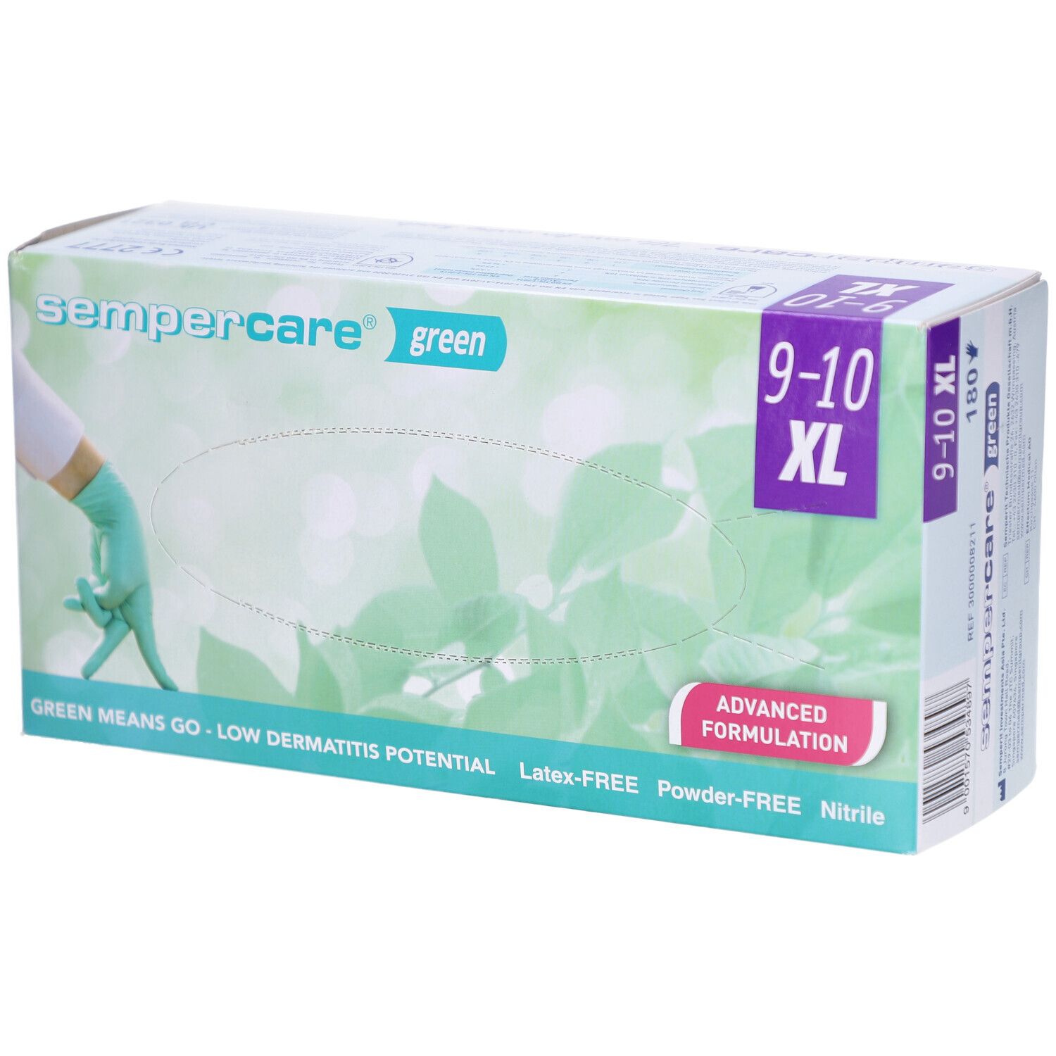 Verpackung von SEMPERCARE green XL Handschuhen. Größe 9-10 XL, 150 Stück. Grün, Latex- und puderfrei, Nitril.