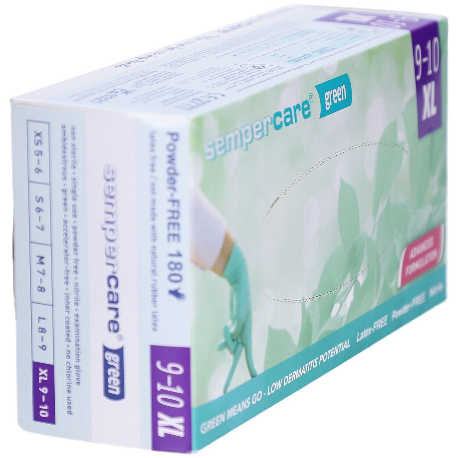 Verpackung von SEMPERCARE green XL Handschuhen. Größe 9-10 XL. Grün, Latex- und puderfrei, Nitril. 180 Stück.