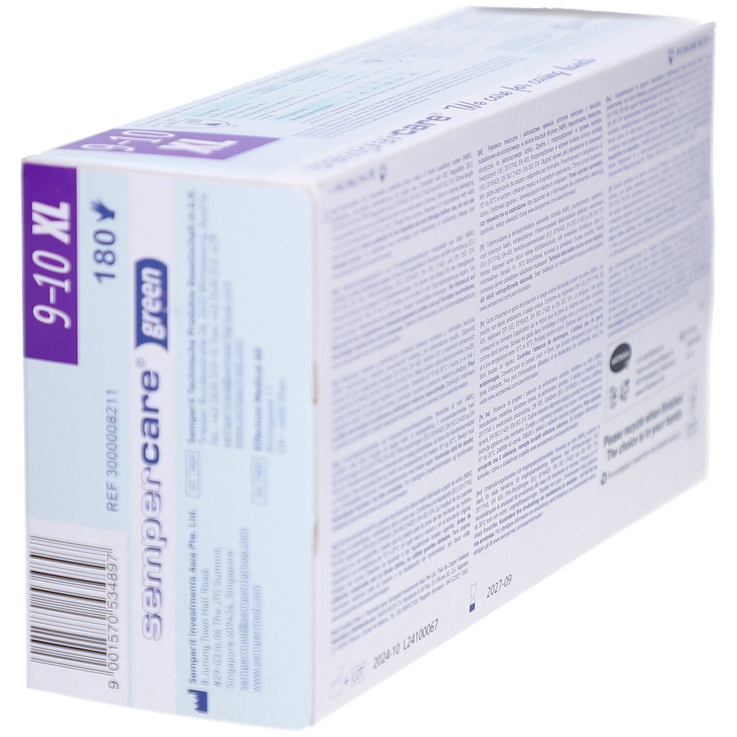 Verpackung von SEMPERCARE green XL Handschuhen. Größe 9-10 XL, 180 Stück. Grün, Latex- und puderfrei, Nitril.