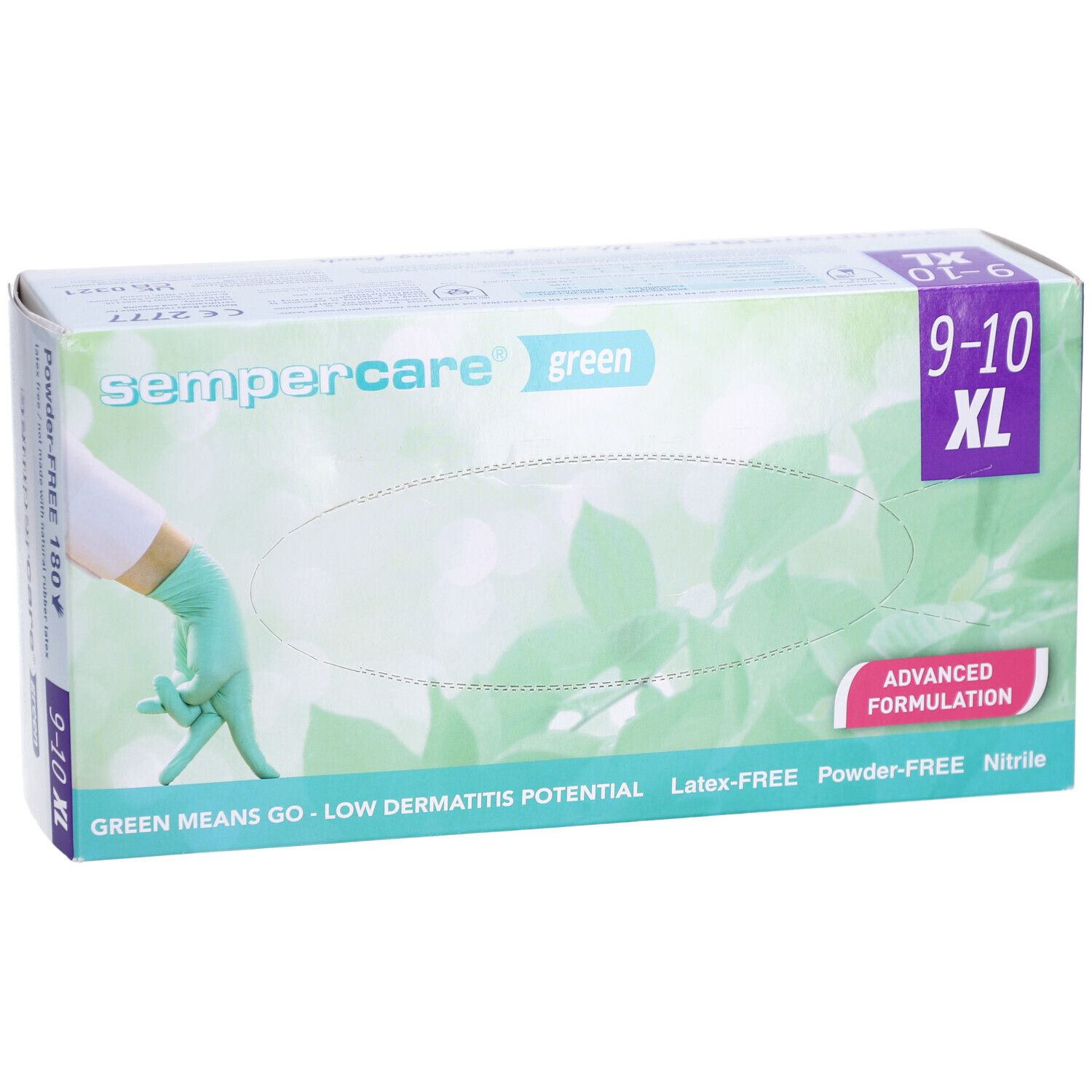 Verpackung von SEMPERCARE green XL Handschuhen. Größe 9-10 XL. Grün, Latex- und puderfrei, Nitril.