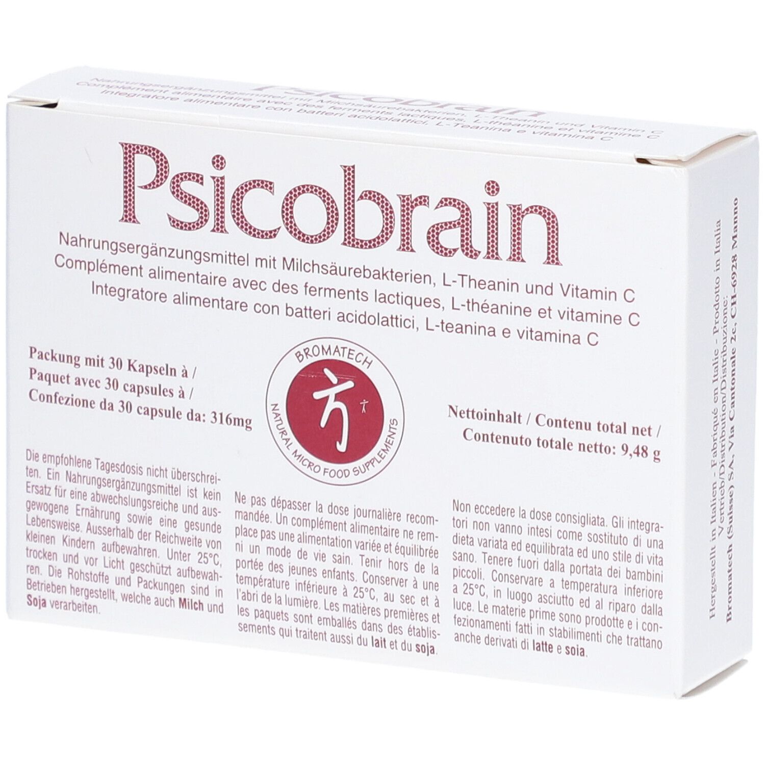 Weiße Schachtel mit Aufschrift "Psicobrain". Enthält 30 Kapseln. Logo und Text in mehreren Sprachen.