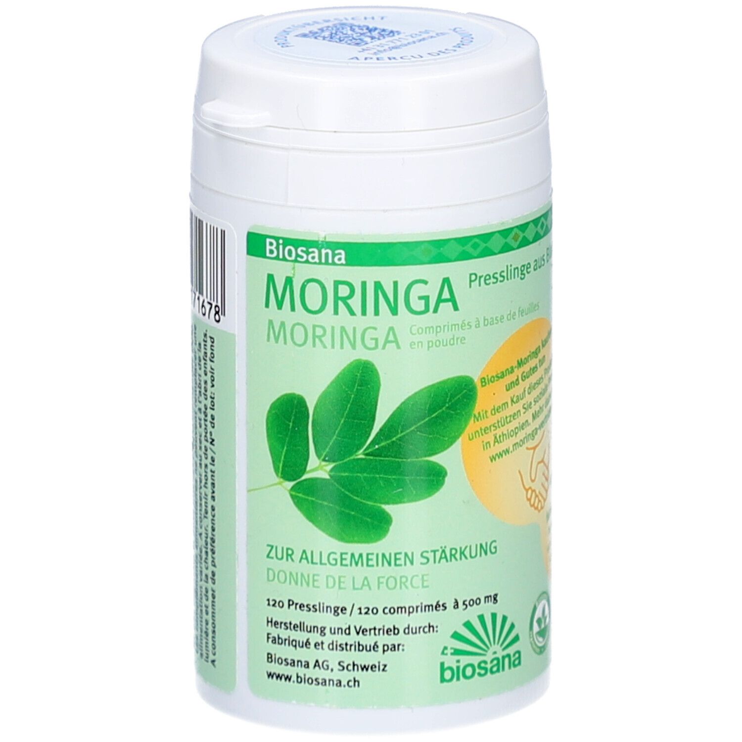 Pilulier blanc avec étiquette verte. Inscription: Biosana Moringa. 120 comprimés. Illustration de feuilles.