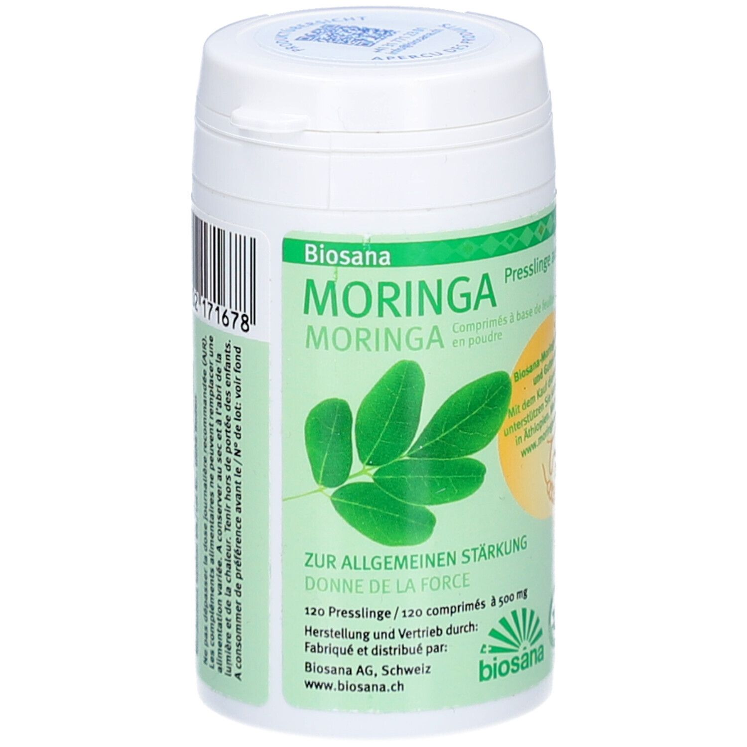 Pilulier blanc avec étiquette verte. Inscription: Biosana Moringa. 120 comprimés. Illustration de feuilles.