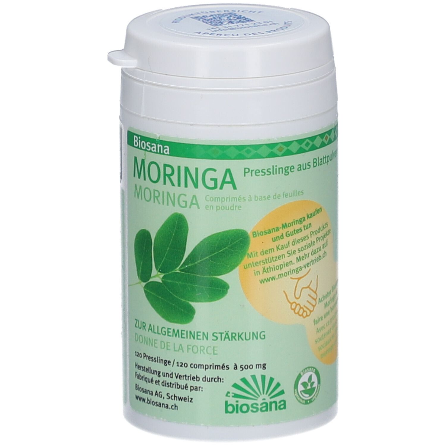 Pilulier blanc avec étiquette verte. Inscription: Biosana Moringa. 120 comprimés. Illustration de feuilles.