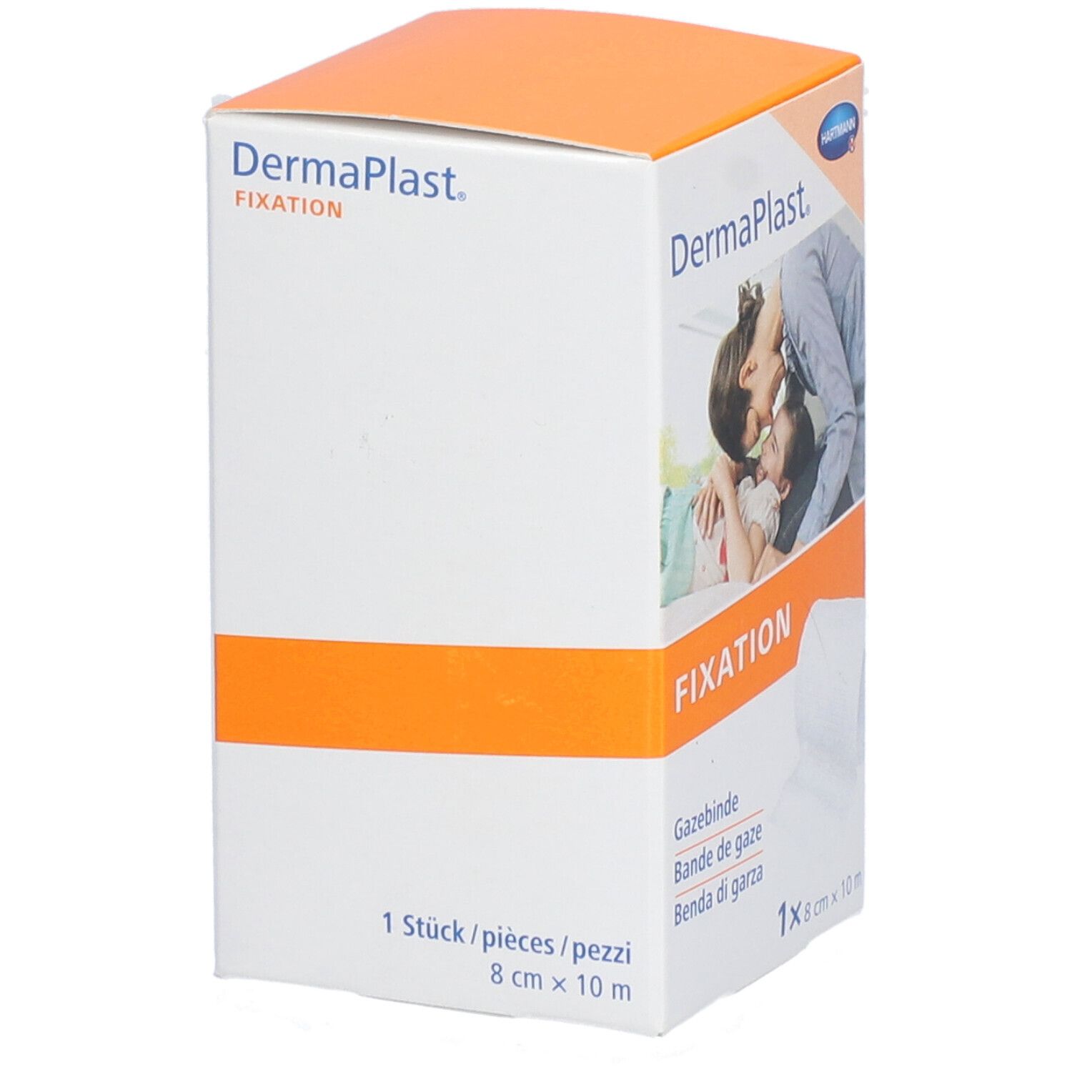 Emballage Dermaplast Fixation. 8 cm x 10 m. Contient bande de gaze. Emballage avec accents orange. 1 pièce.