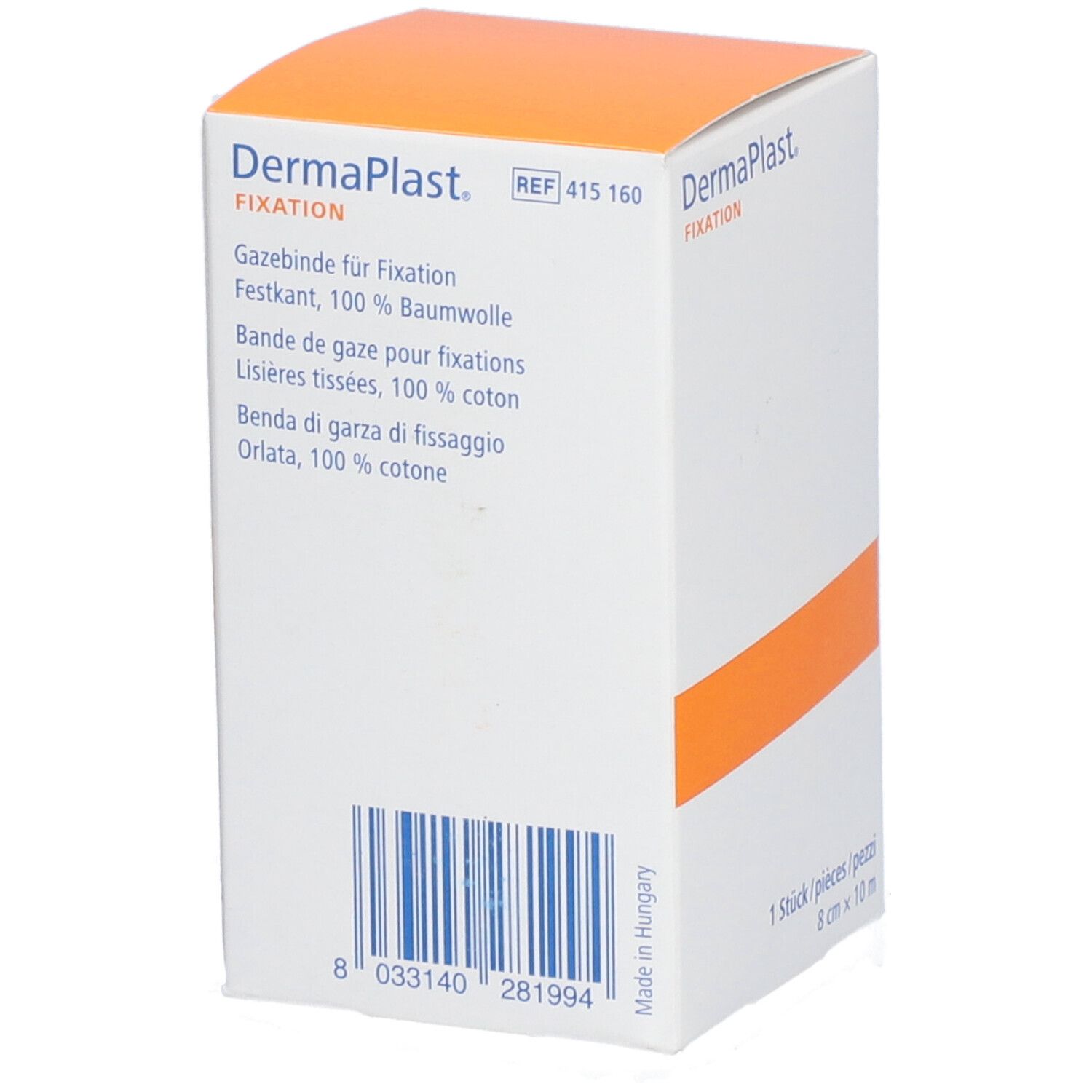 Emballage Dermaplast Fixation. Contient bande de gaze. Texte: 100% coton. Code-barres. Accents orange. 1 pièce.