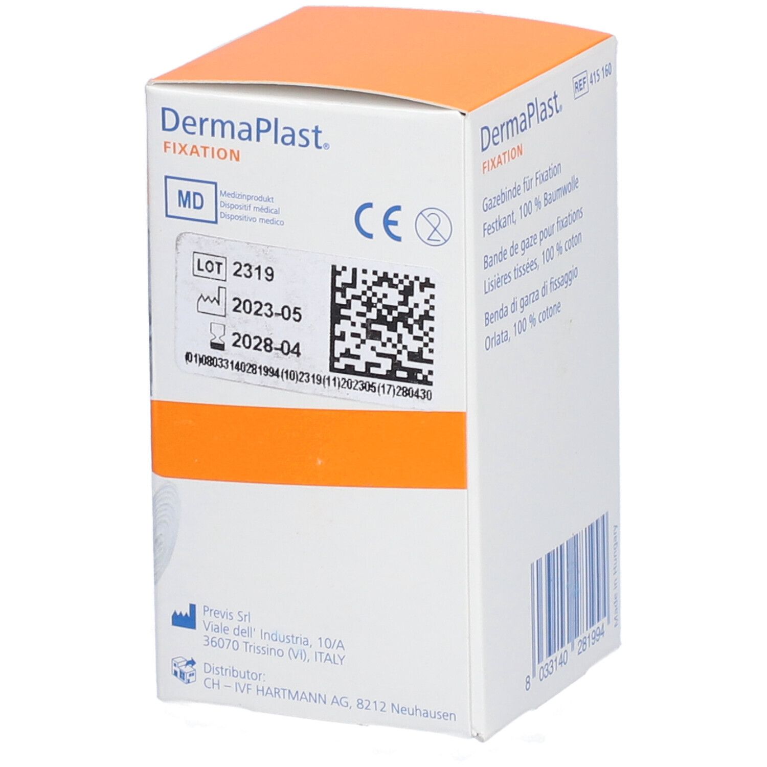 Emballage Dermaplast Fixation. Contient bande de gaze. Numéro de lot et date de péremption. Marquage CE. Accents orange.