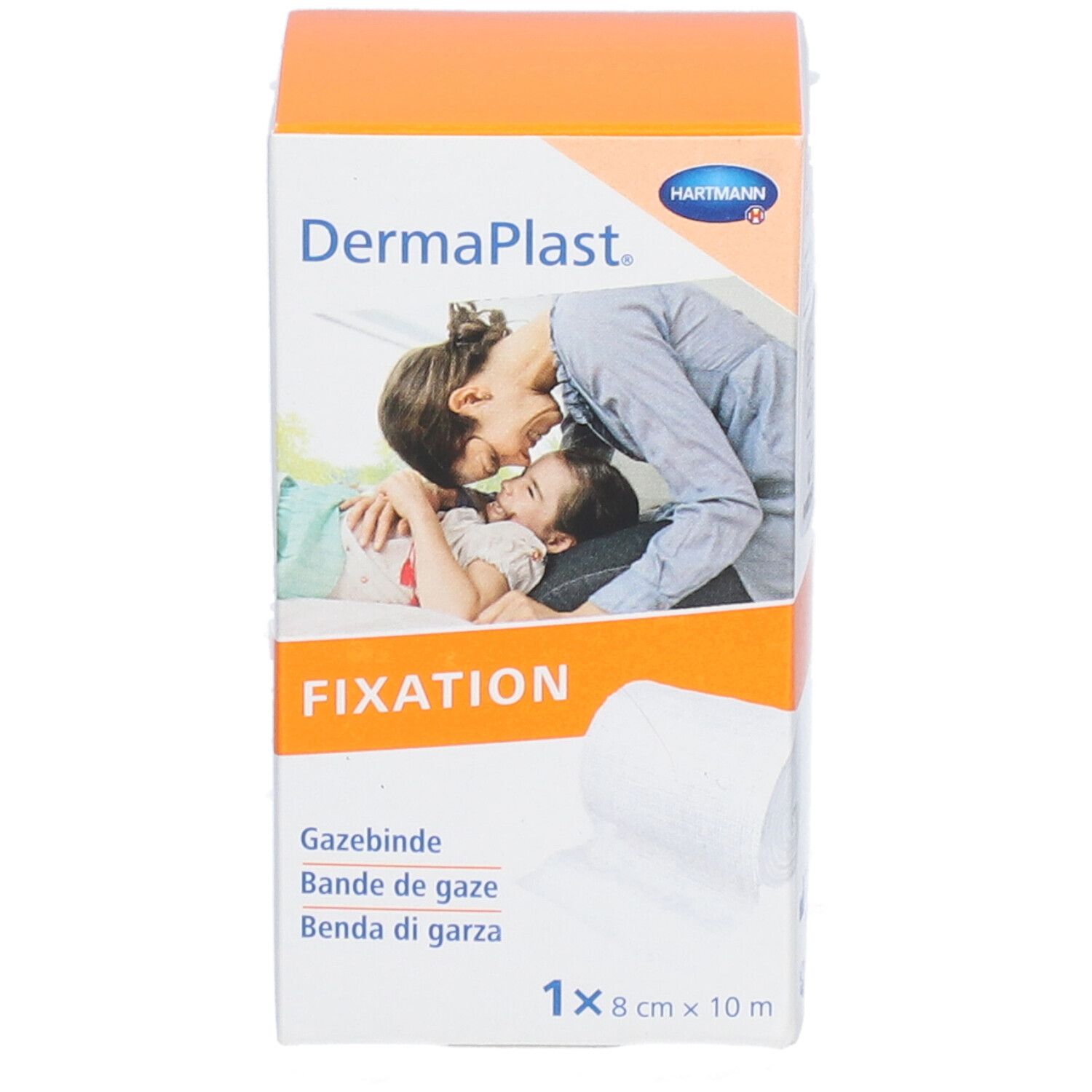 Emballage Dermaplast Fixation. 8 cm x 10 m. Contient bande de gaze. Image montre produit et mère avec enfant. 1 pièce.