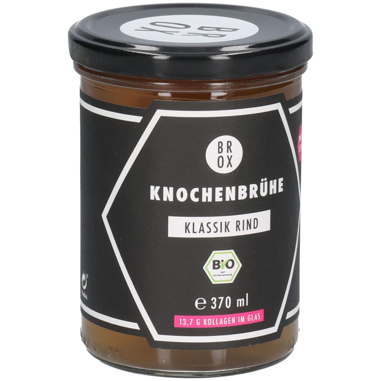 Glas mit schwarzem Deckel. Etikett mit Logo, Produktname, Klassik Rind, Bio-Siegel. Braune Flüssigkeit sichtbar.