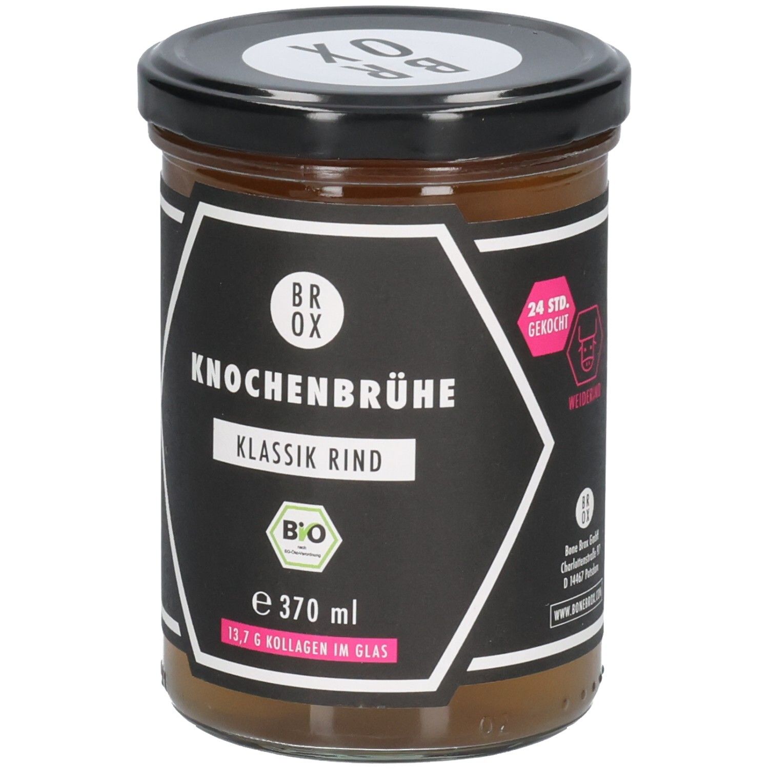 Glas mit schwarzem Deckel. Etikett mit Logo, Produktname, Klassik Rind, Bio-Siegel. Text: 13,7 g Kollagen im Glas.