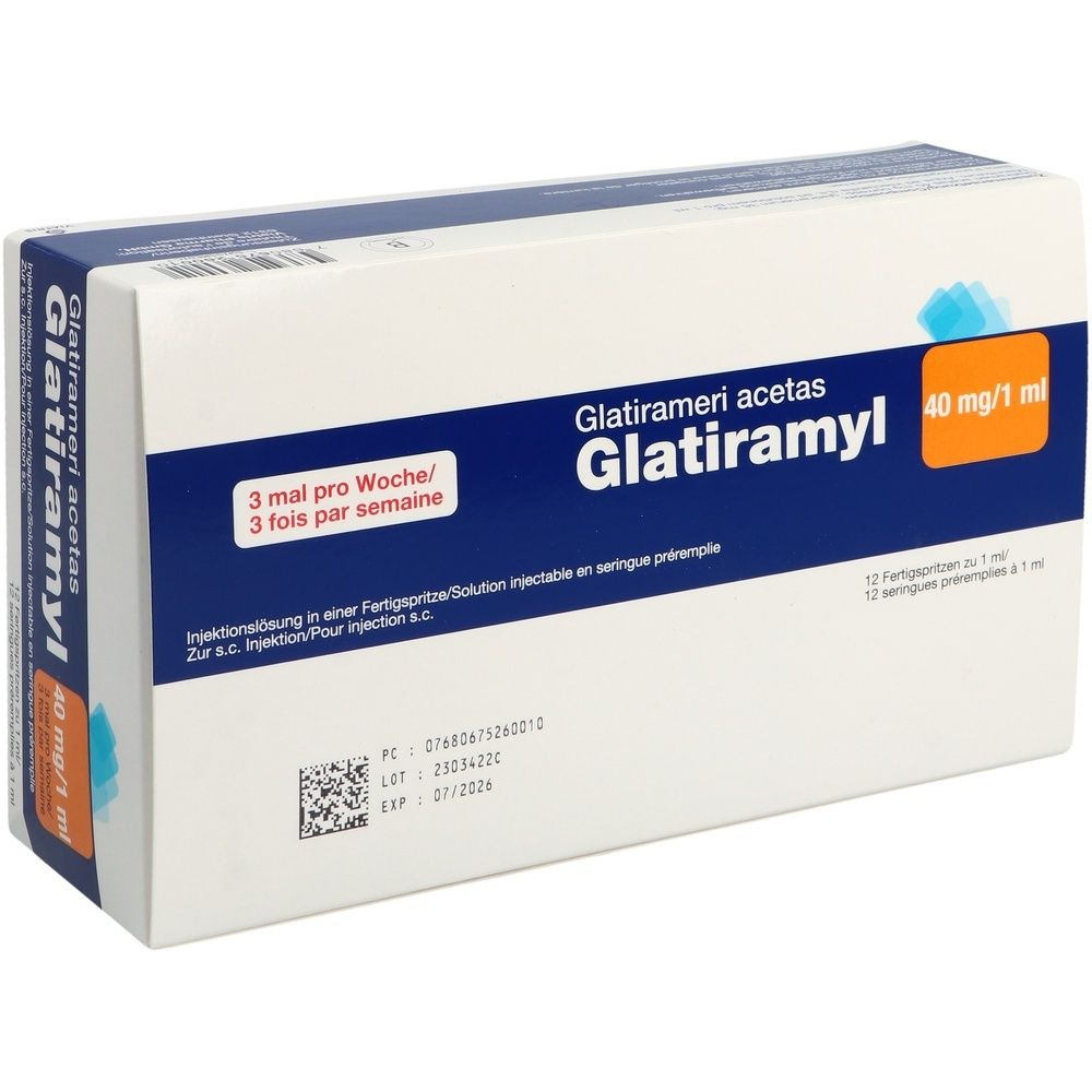 Boîte avec texte blanc et bleu. Le nom « Glatiramer » est clairement visible.