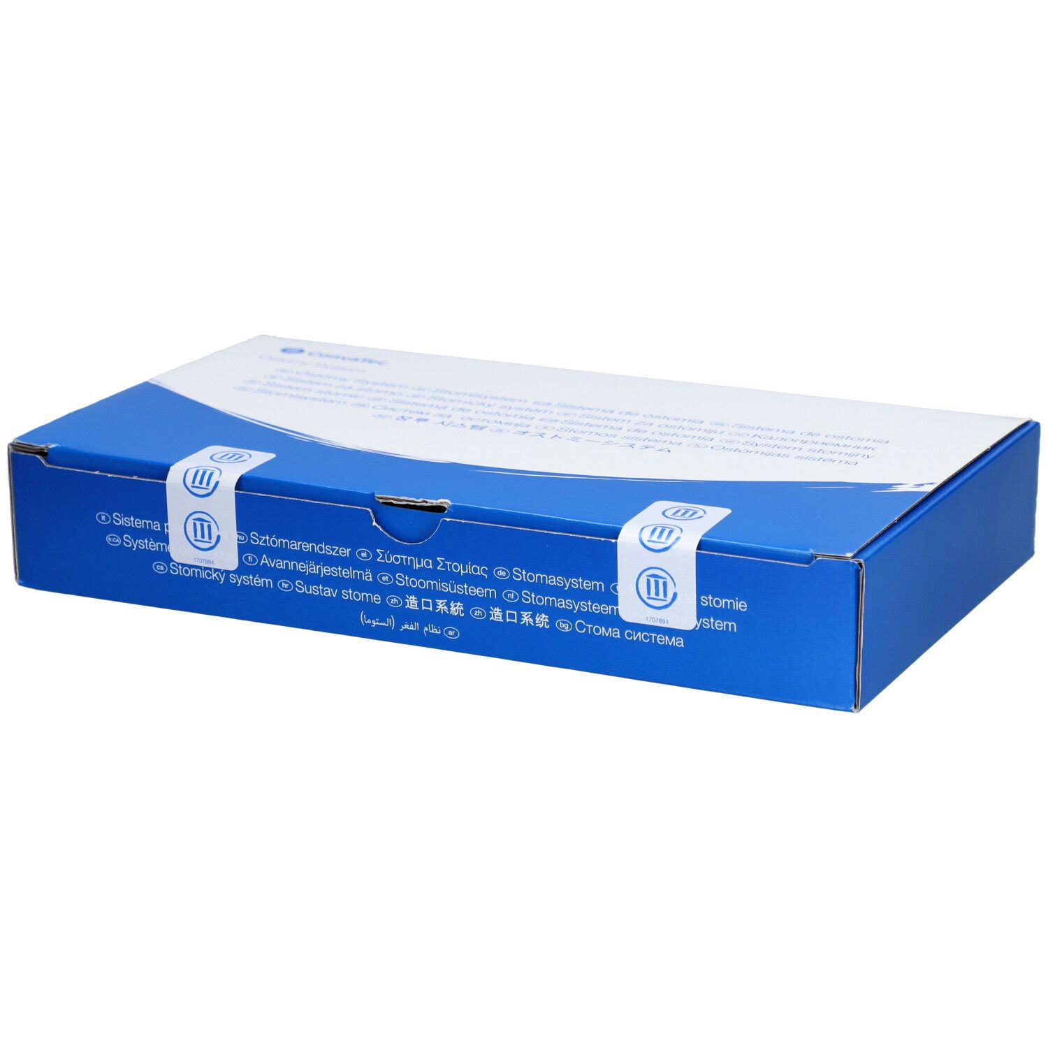 Blau-weiße Produktverpackung. Auf der Oberseite Text und Logos. Zwei weiße Siegel mit Logo. Stomasystem-Box.