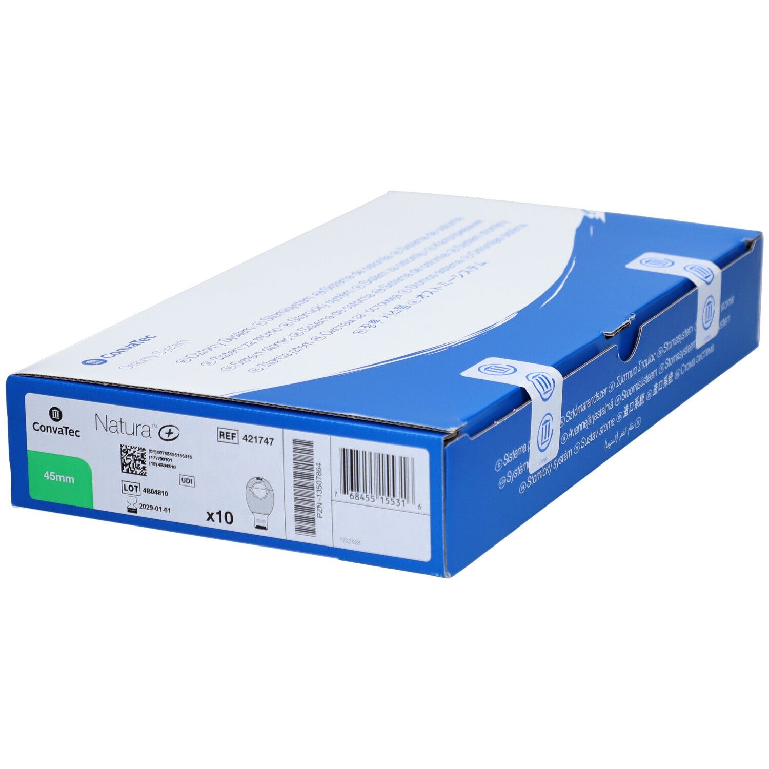 Produktverpackung mit Produktinformationen. Marke Convatec, Produktname Natura+, Größe 45mm. Enthält 10 Stück.