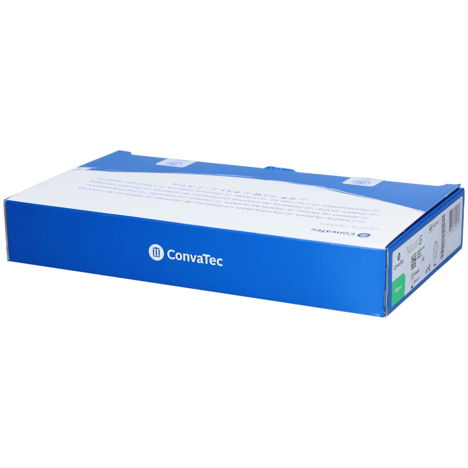 Blaue Produktverpackung mit weißer Oberseite. Convatec-Logo. Text auf der Oberseite. Rechteckige Form.