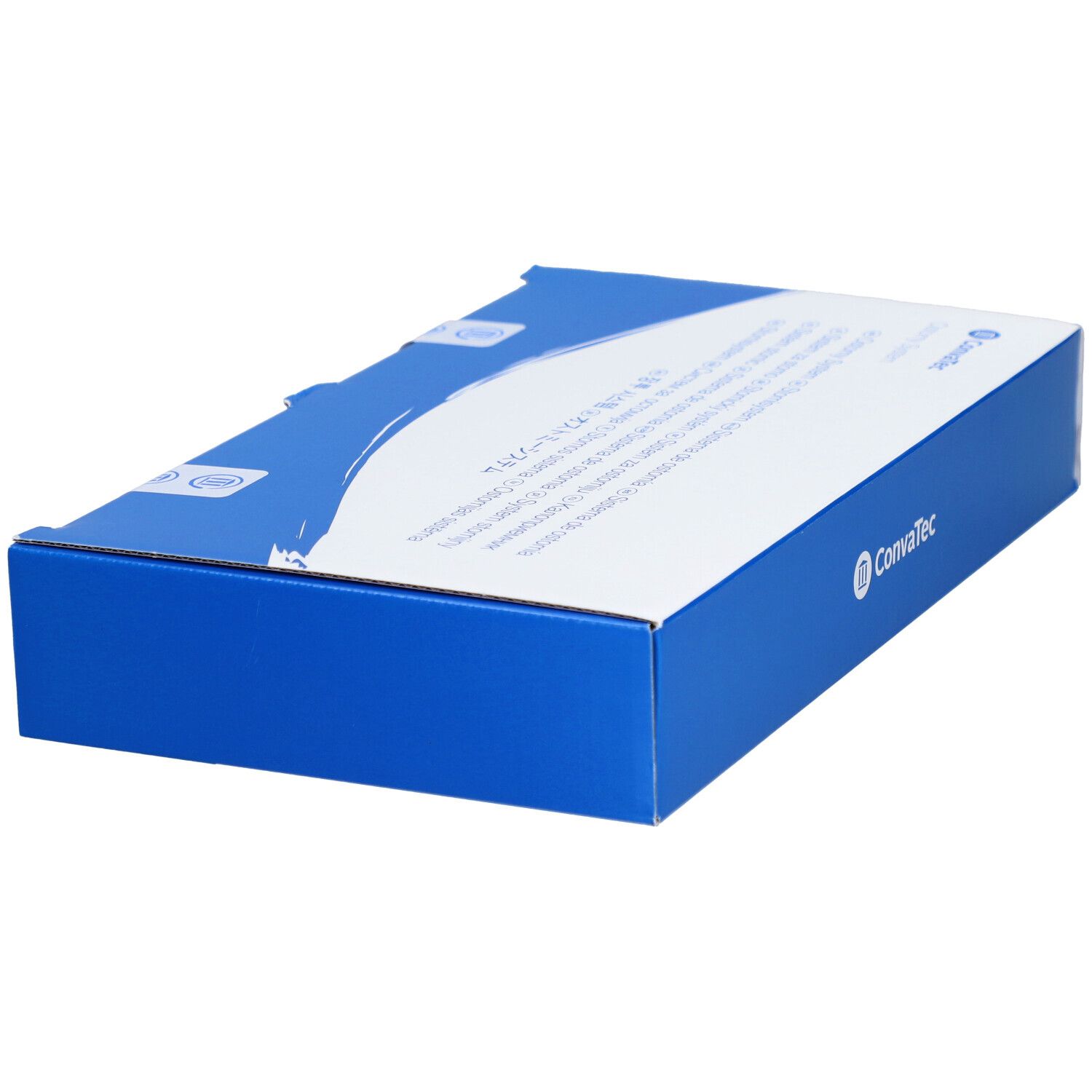 Blaue Produktverpackung mit weißer Oberseite. Convatec-Logo. Text auf der Oberseite. Rechteckige Form.