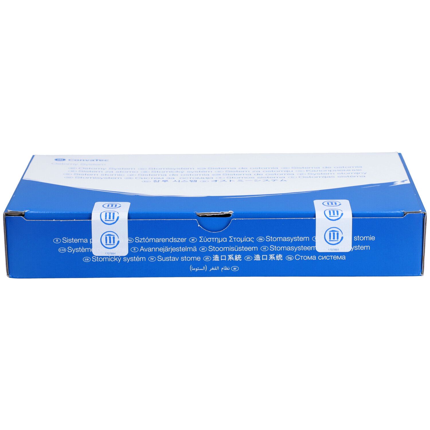 Blaue Produktverpackung mit weißer Oberseite. Text und Logos auf der Oberseite. Zwei weiße Siegel mit Logo.