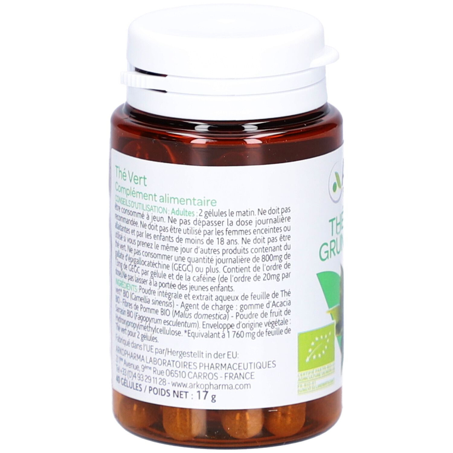 Dos du flacon de gélules. Inscription: Thé Vert, complément alimentaire. Ingrédients, mode d'emploi. Label bio. 40 gélules.