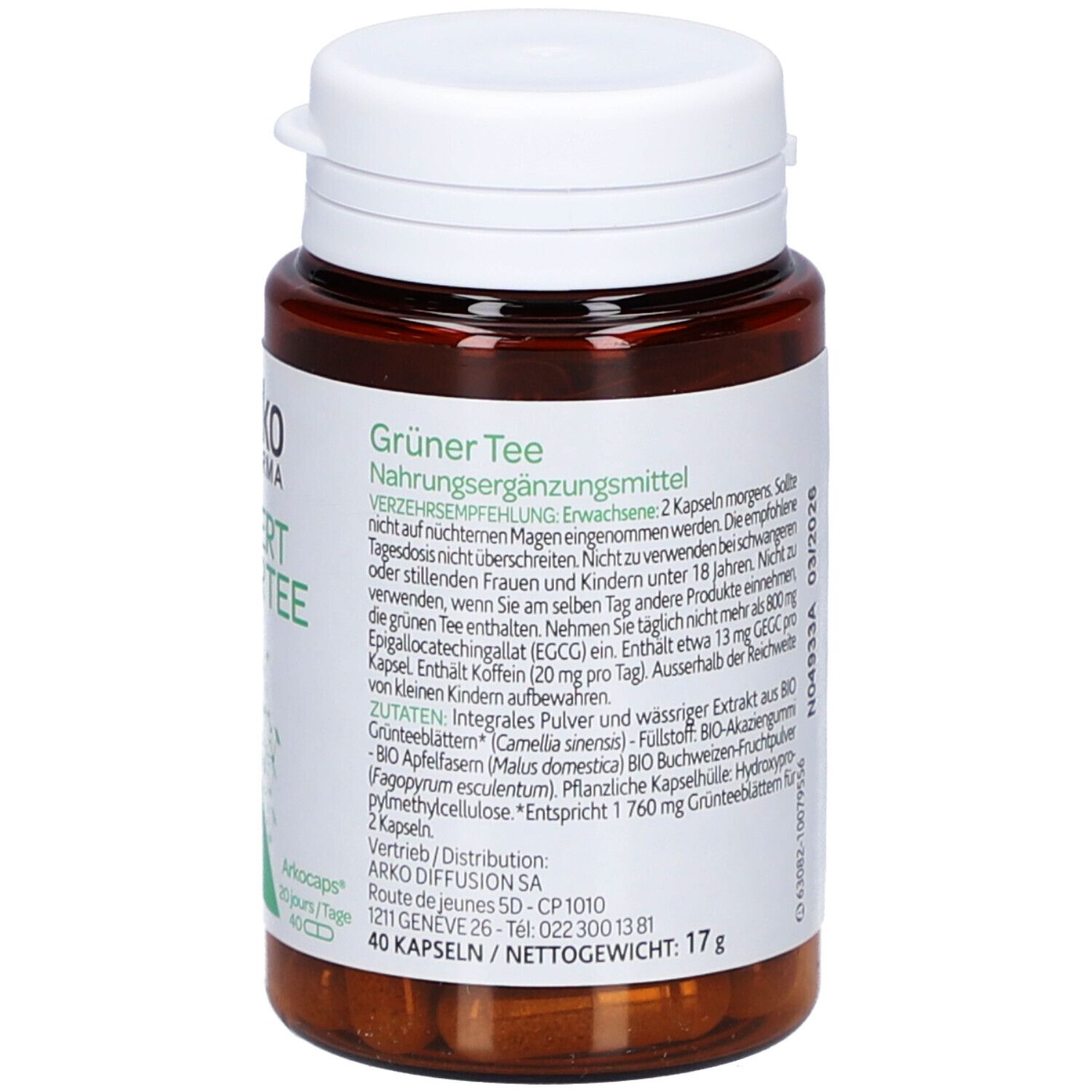 Flacon de gélules. Inscription: Grüner Tee, complément alimentaire. Mode d'emploi, ingrédients. 40 gélules. Label bio.