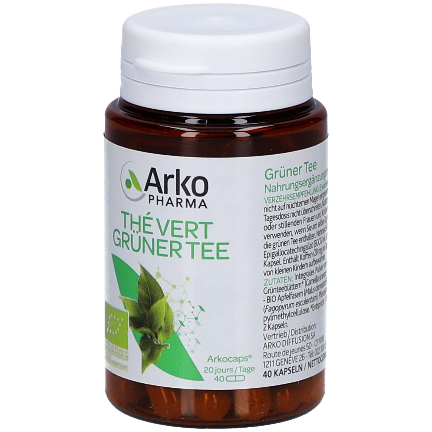 Flacon de gélules avec bouchon blanc. Inscription: Arko Pharma, Thé Vert, Grüner Tee. Label bio. 40 gélules.