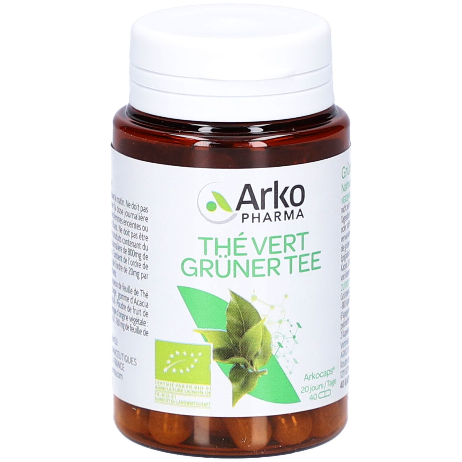 Flacon de gélules avec bouchon blanc. Inscription: Arko Pharma, Thé Vert, Grüner Tee. Label bio. 40 gélules.
