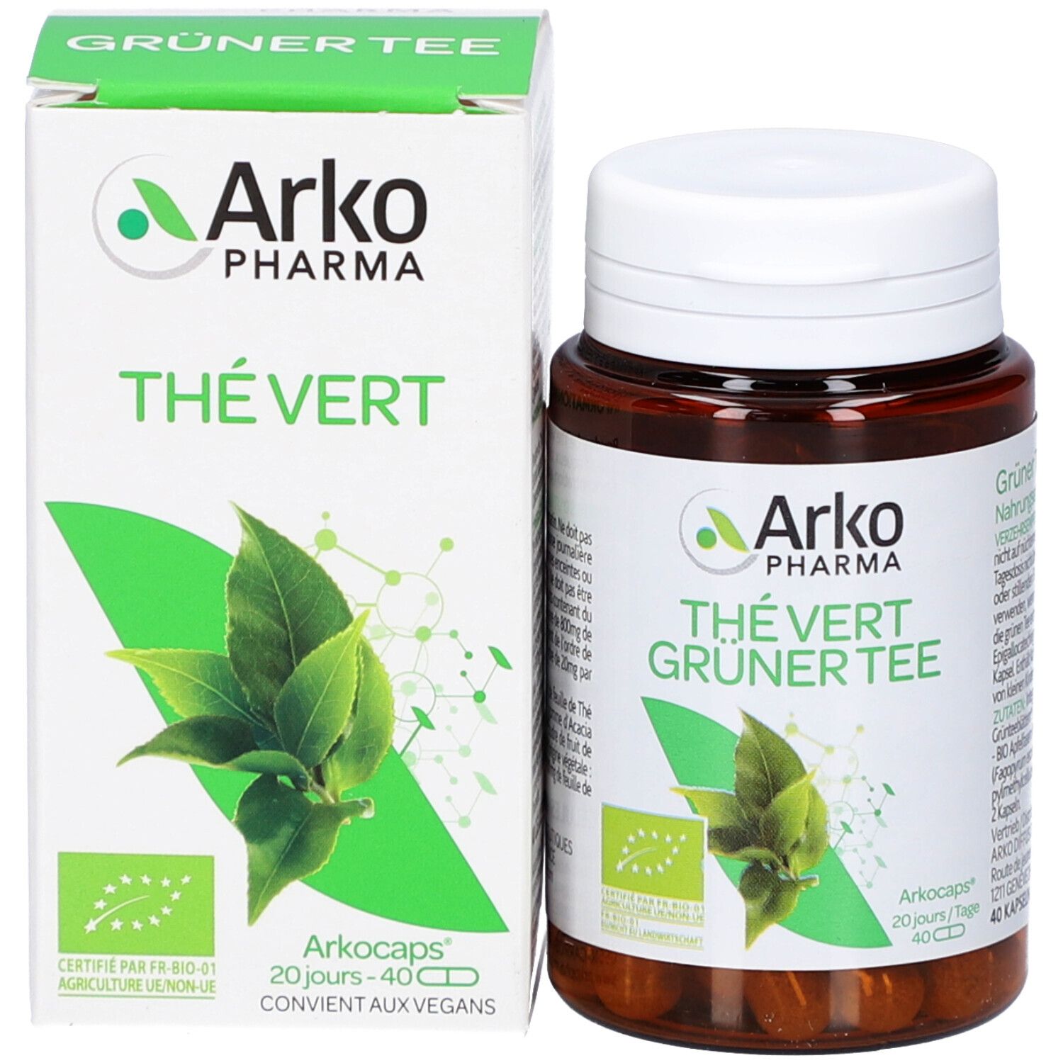 Emballage et flacon de gélules. Inscription: Arko Pharma, Thé Vert, Grüner Tee. Label bio. 40 gélules. Vegan.