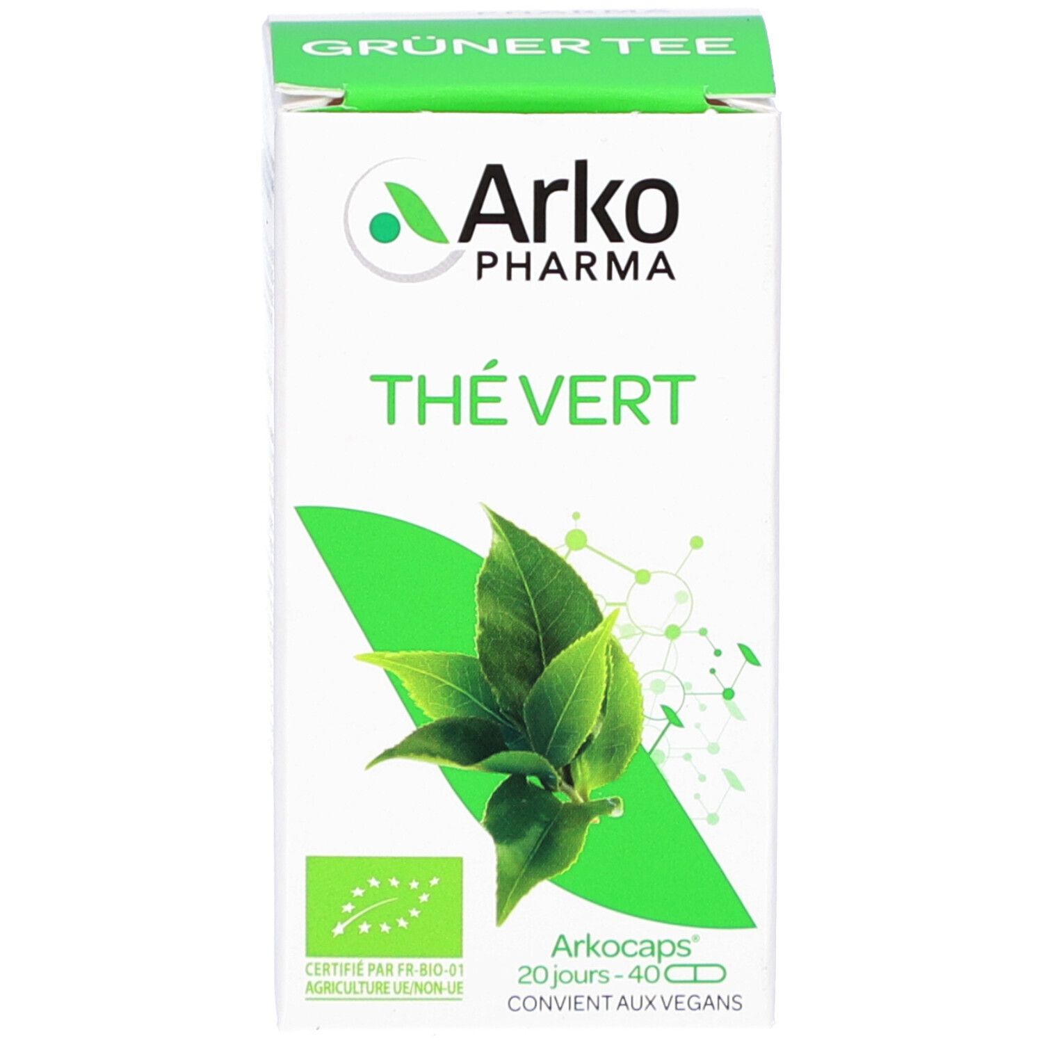 Emballage du produit. Inscription: Arko Pharma, Thé Vert, Grüner Tee. Label bio. 40 gélules. Vegan.
