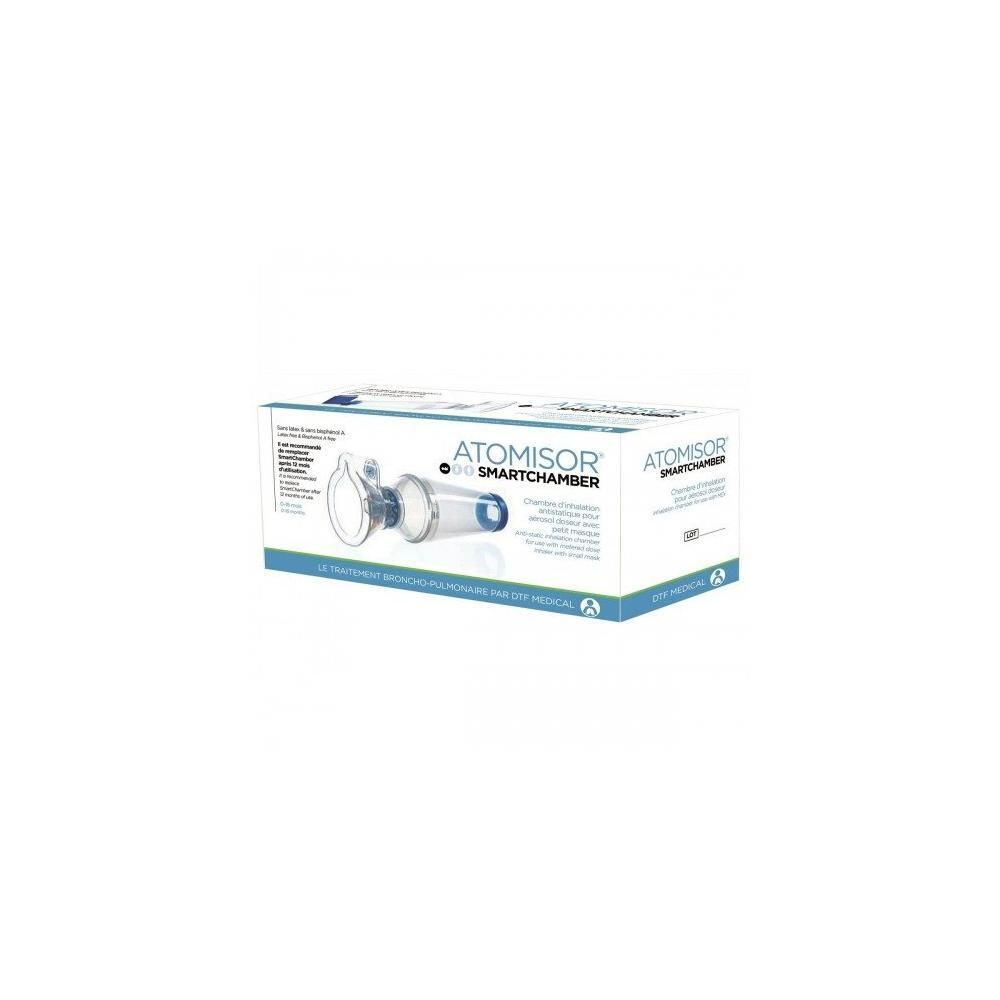 Emballage ATOMISOR SMARTCHAMBER. Boîte blanche avec image du produit et nom de la marque.