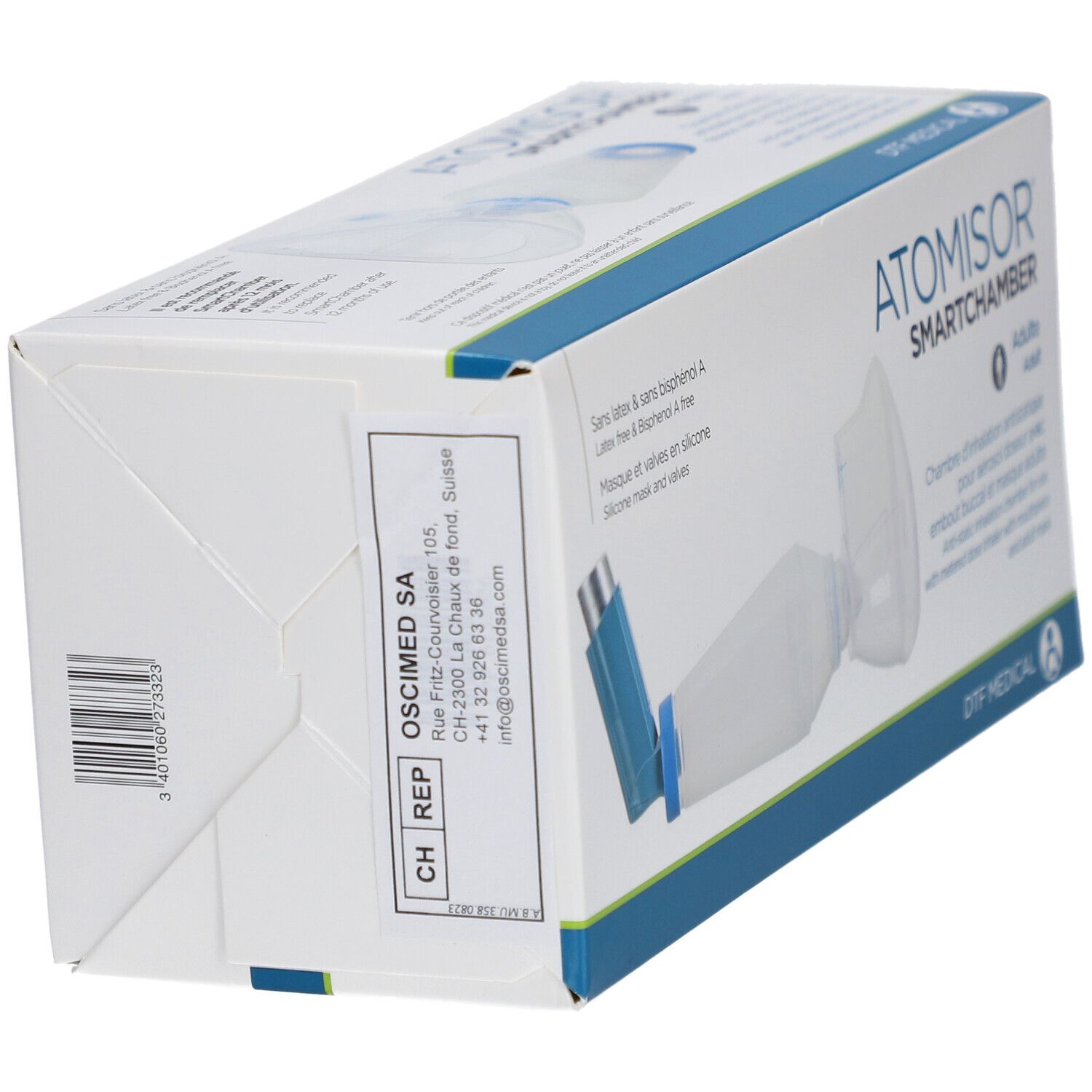 Dessous de la boîte SmartChamber. Contient des informations d'adresse et un code-barres. Texte: ATOMISOR SMARTCHAMBER.