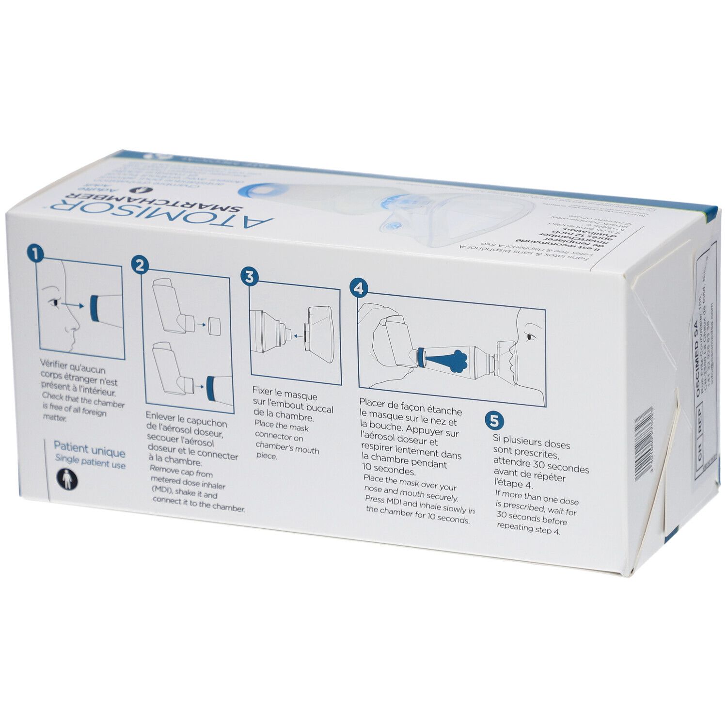 Dos de la boîte SmartChamber avec instructions. Montre des schémas d'utilisation. Texte: ATOMISOR SMARTCHAMBER.