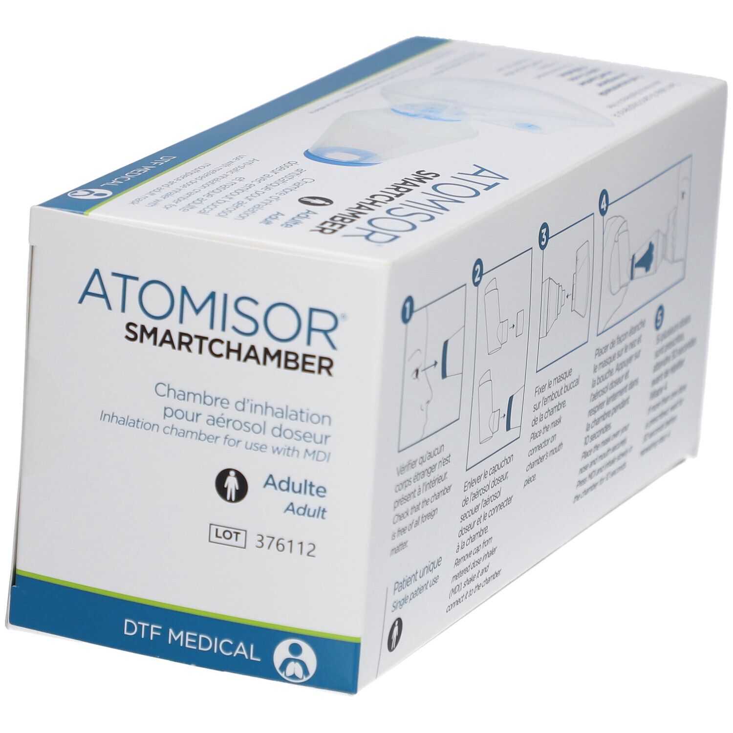 Boîte SmartChamber. Montre le produit et des instructions. Texte: ATOMISOR SMARTCHAMBER, Chambre d'inhalation.