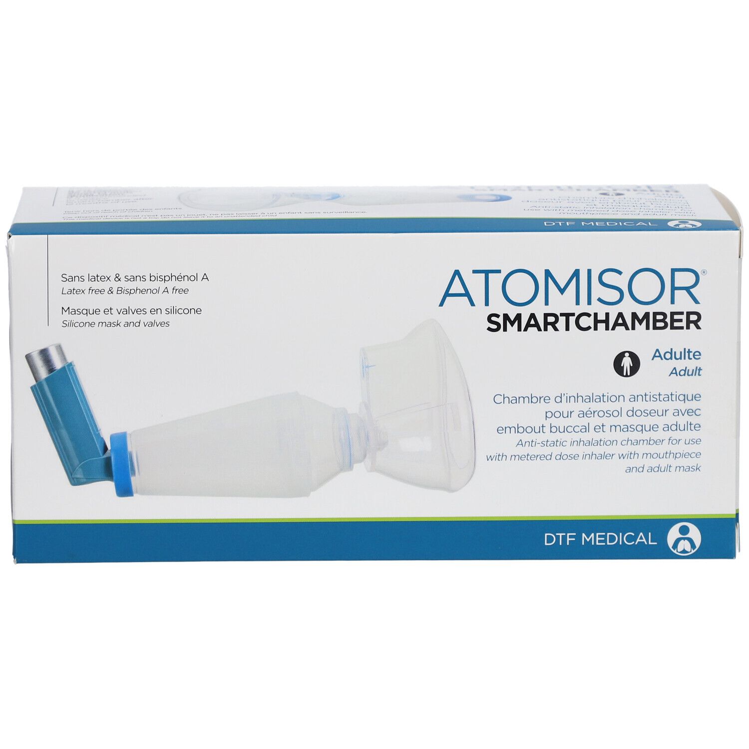 SmartChamber avec masque dans sa boîte. Contient un inhalateur bleu et un masque. Texte: ATOMISOR SMARTCHAMBER.