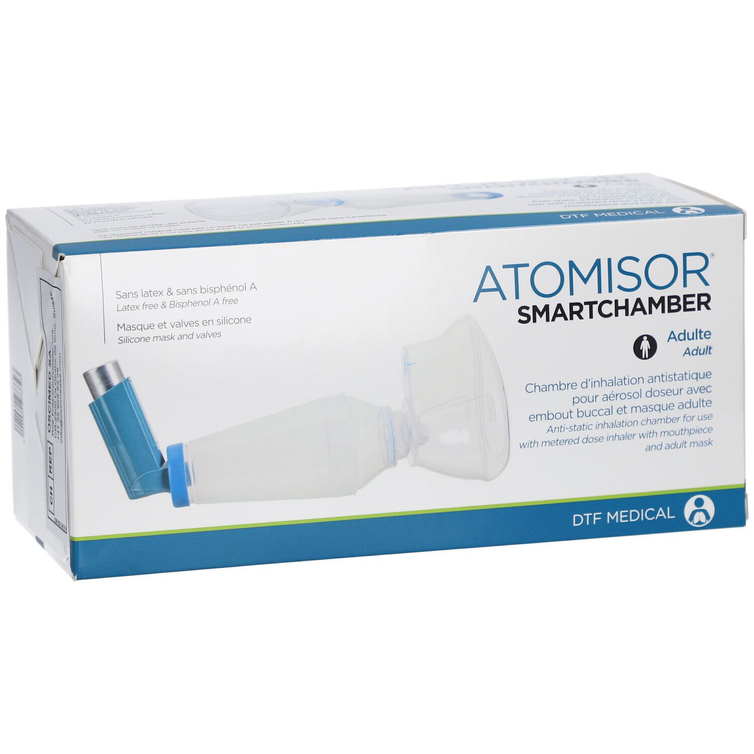 SmartChamber avec masque dans sa boîte. Contient un inhalateur bleu et un masque. Texte: ATOMISOR SMARTCHAMBER.