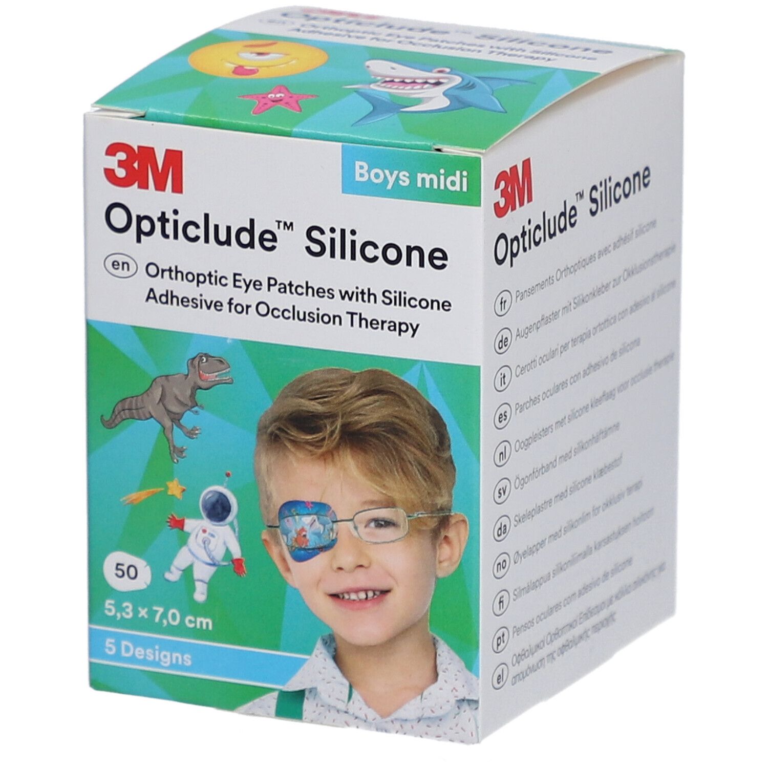 Verpackung von 3M Opticlude Silicone Augenpflastern. Aufdruck: 50 Stück, 5,3 x 7,0 cm, 5 Designs. Junge mit Augenpflaster.