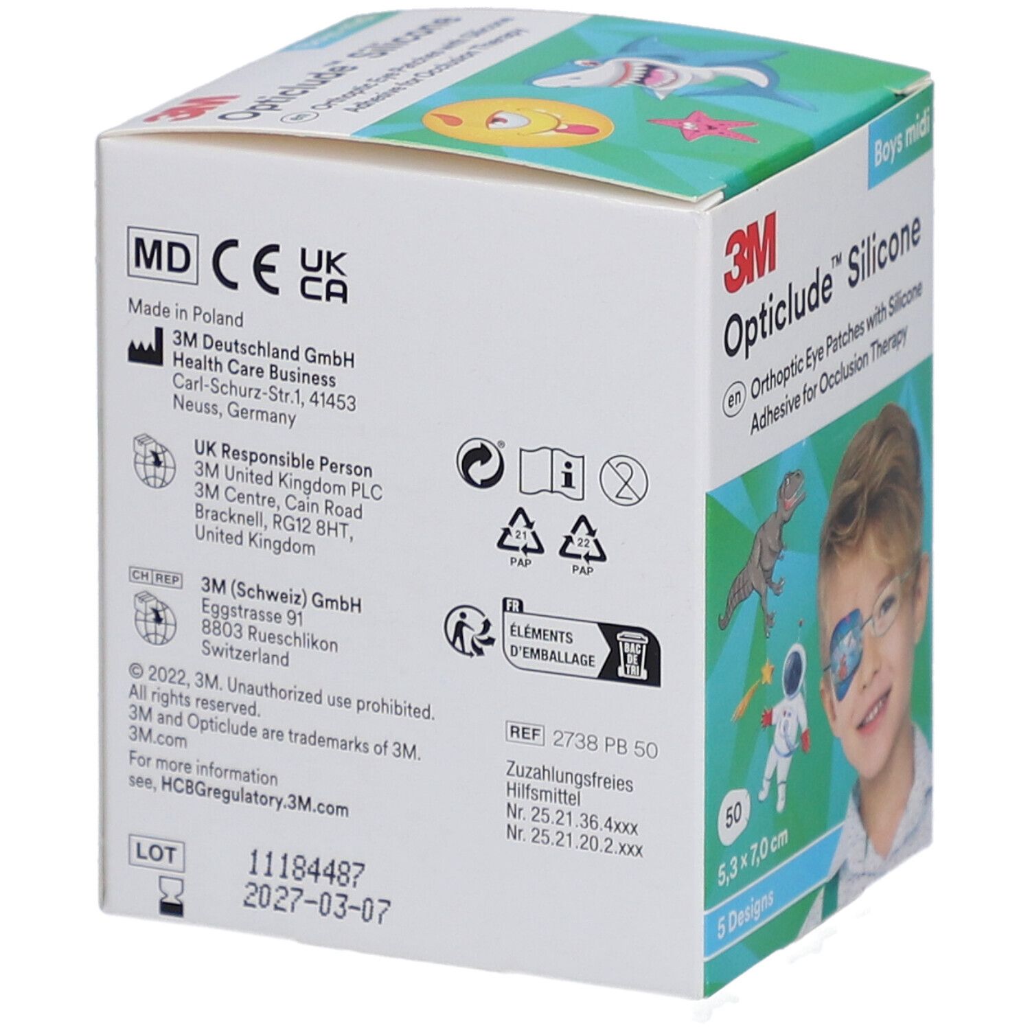 Rückseite der Verpackung von 3M Opticlude Silicone. Informationen zu Hersteller, Chargennummer, Verfallsdatum und Recycling-Symbolen.